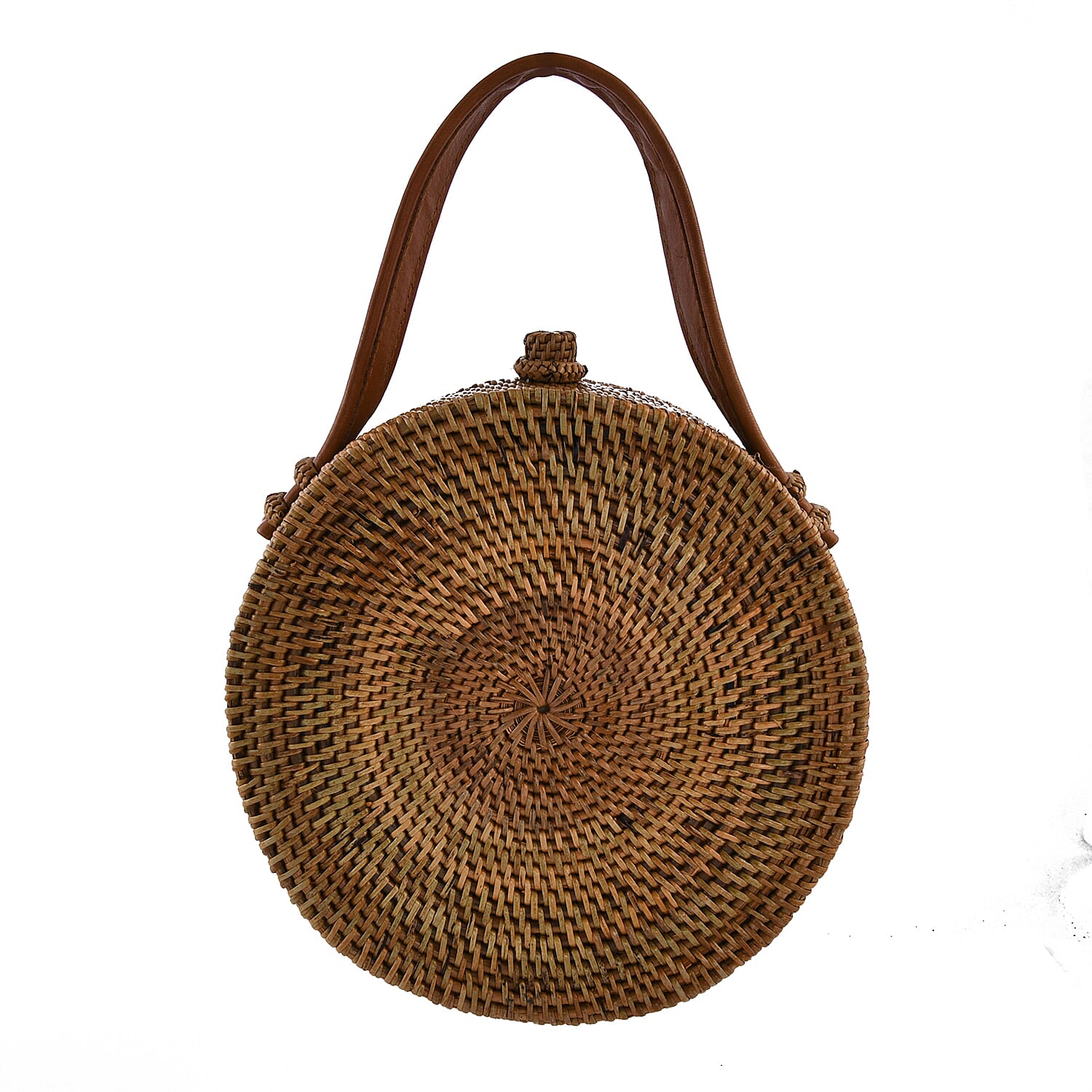 rounded rattan bag with leather strap