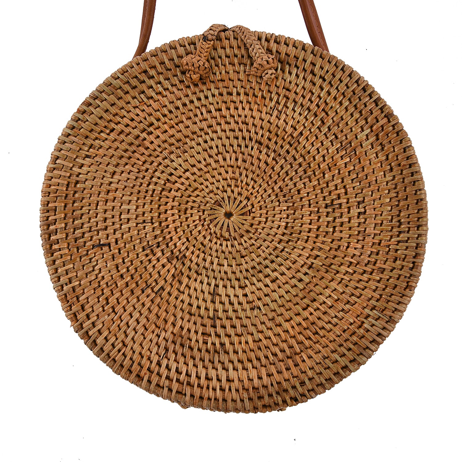 rounded rattan bag with leather strap