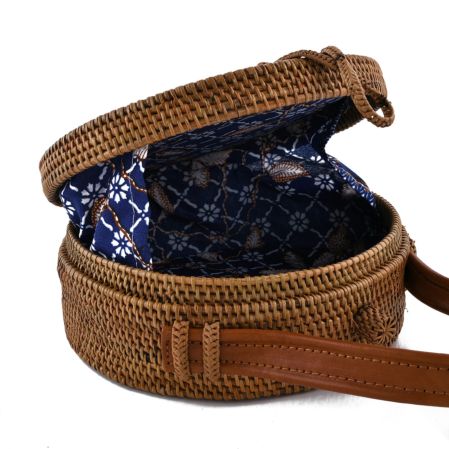 rounded rattan bag with leather strap