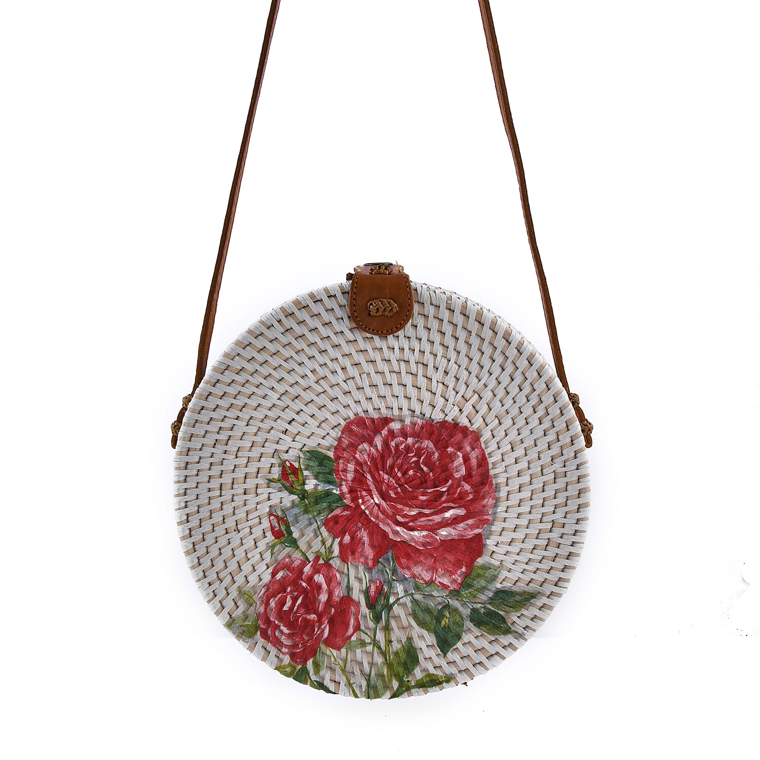 rounded rattan bag with leather strap
