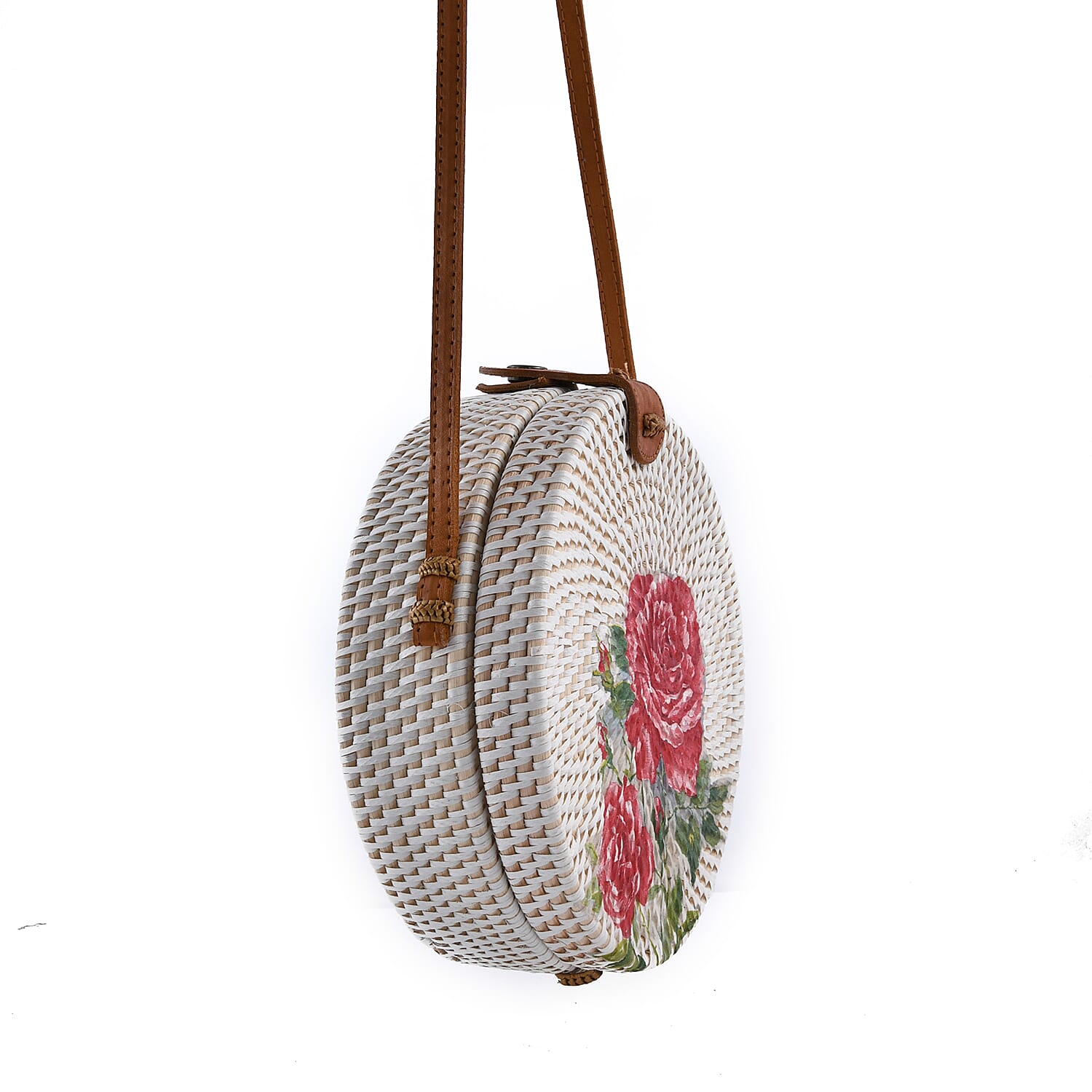 rounded rattan bag with leather strap