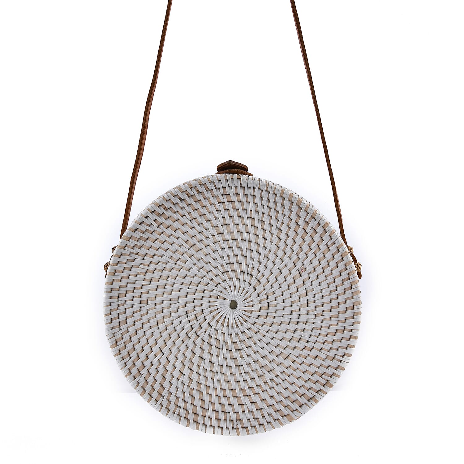 rounded rattan bag with leather strap