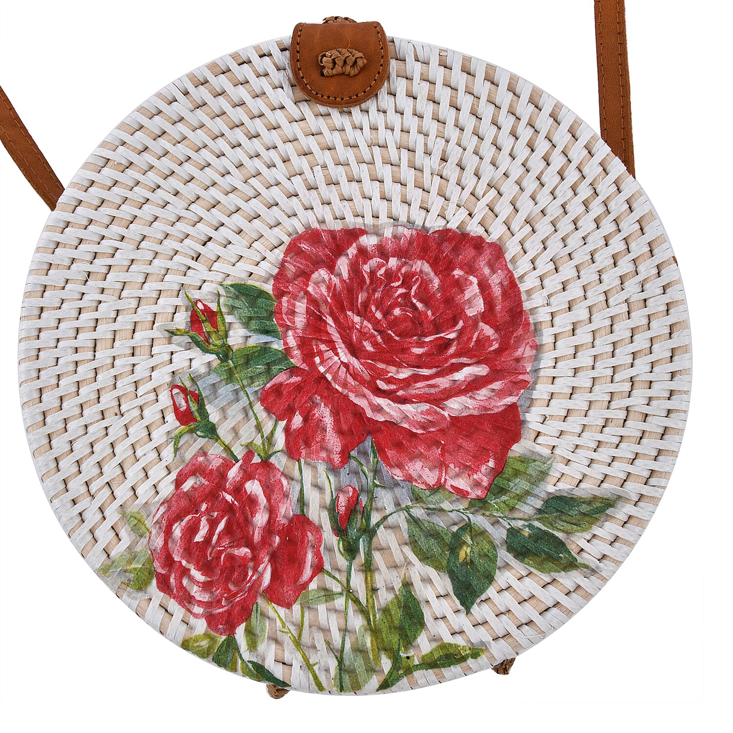 rounded rattan bag with leather strap