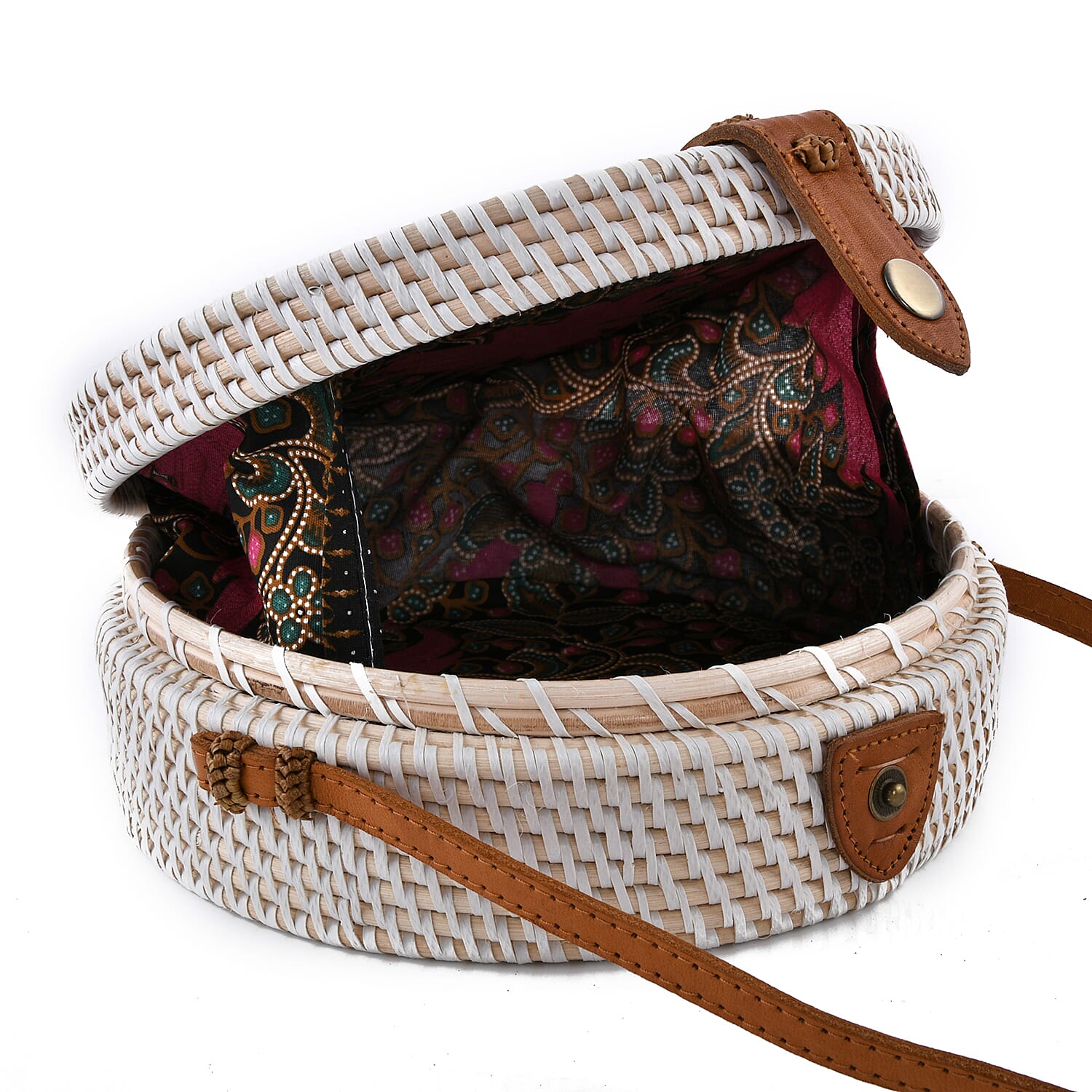 rounded rattan bag with leather strap