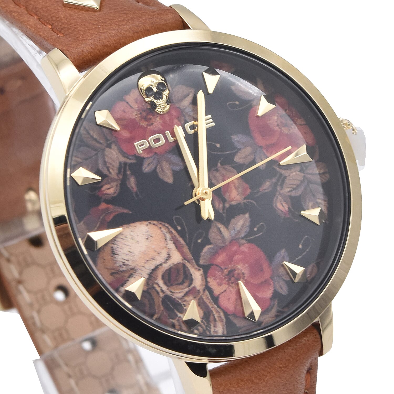 Police MIONA Watch with Tan Leather Strap and Black Patterned Dial