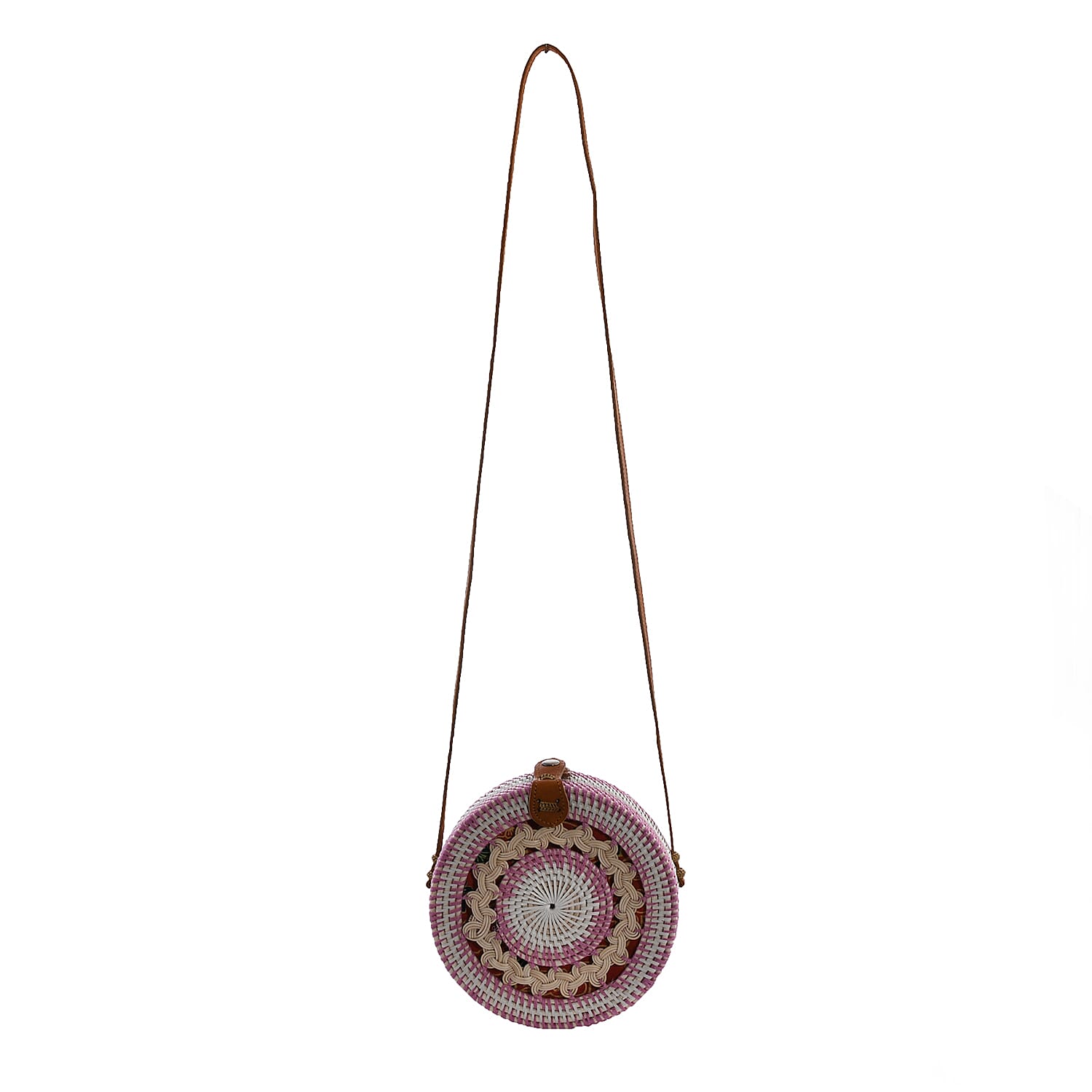 Bali Collection - Handcrafted Rattan Shoulder Bag with Strap (Size:20x20x7Cm) - Pink, White and Beige
