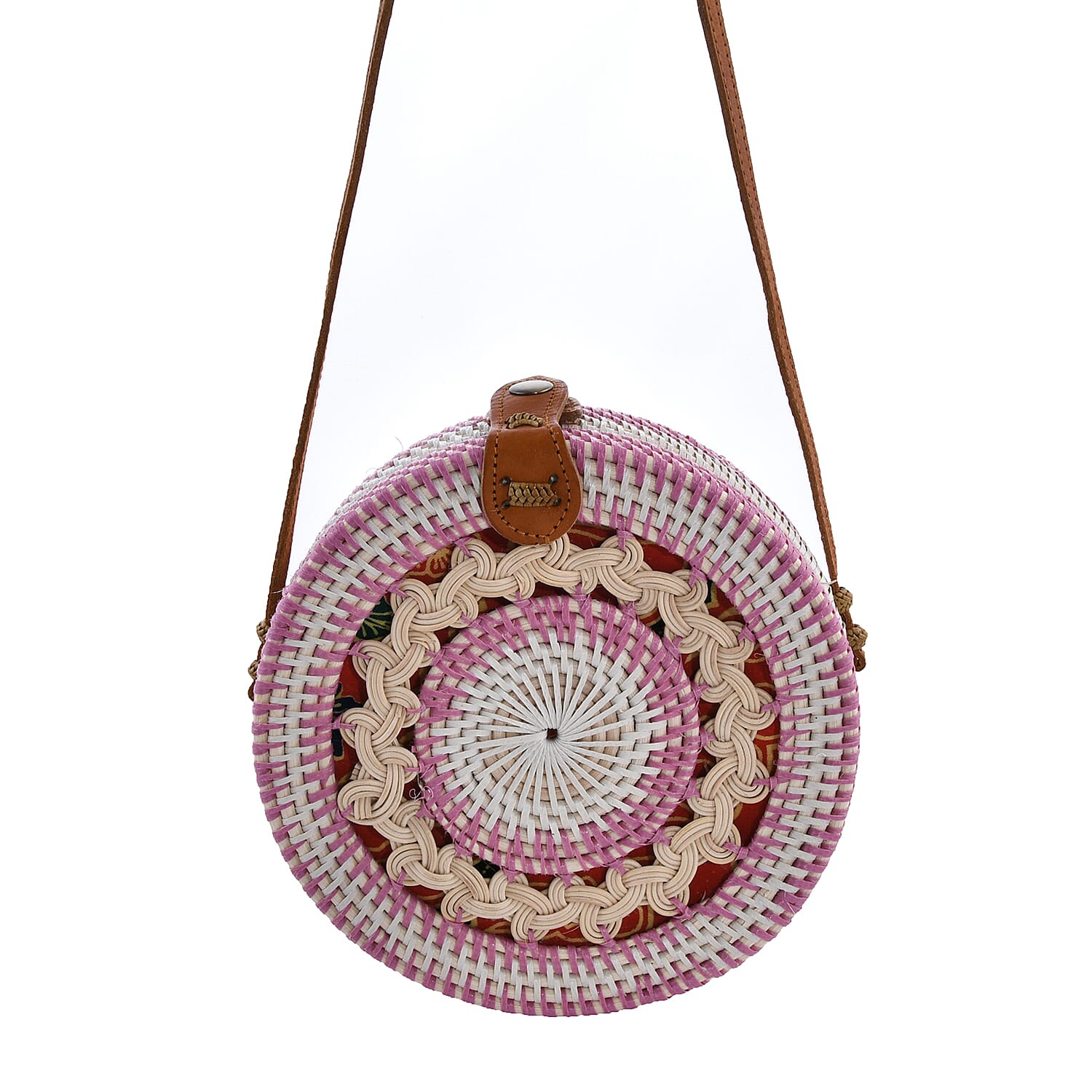 Bali Collection - Handcrafted Rattan Shoulder Bag with Strap (Size:20x20x7Cm) - Pink, White and Beige