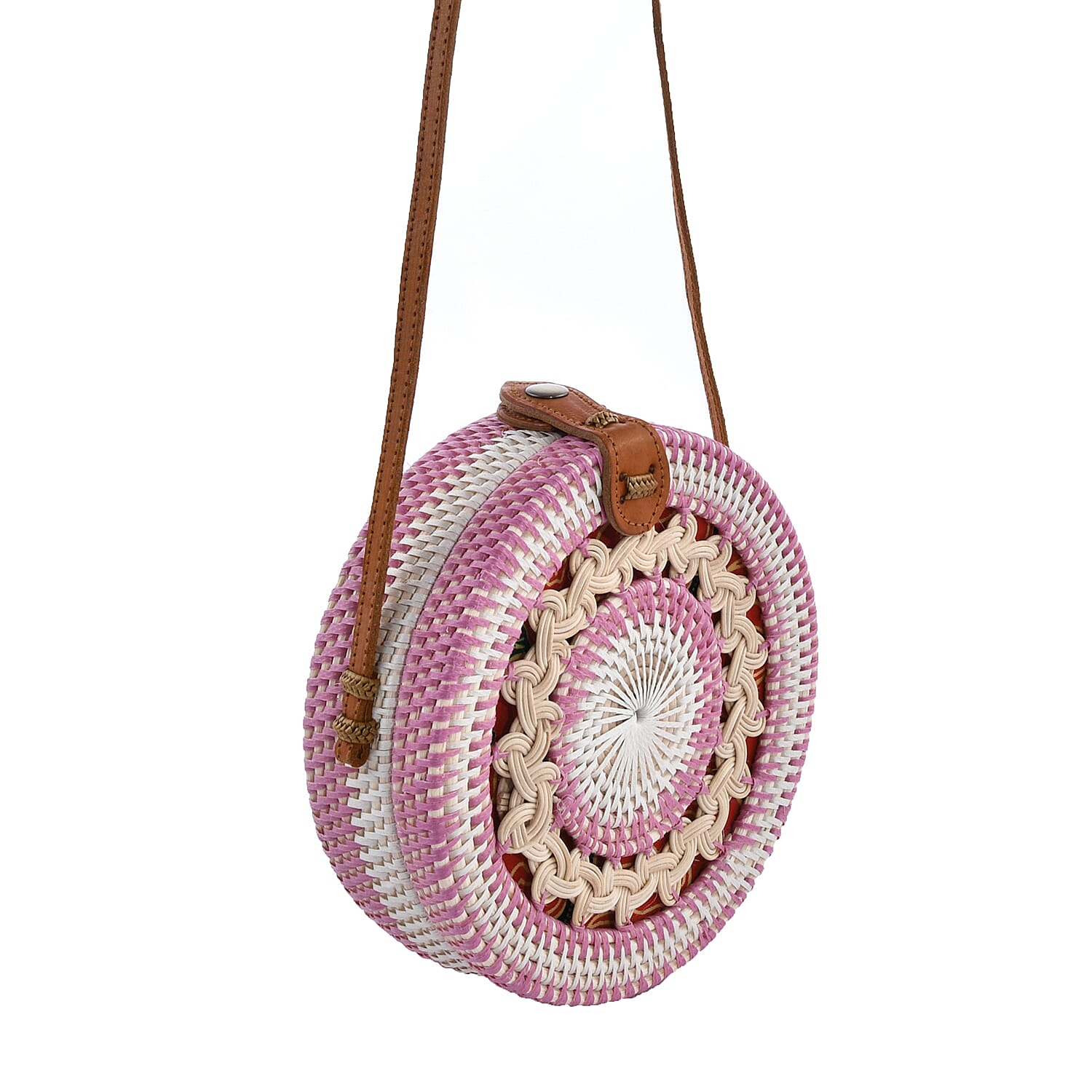 Bali Collection - Handcrafted Rattan Shoulder Bag with Strap (Size:20x20x7Cm) - Pink, White and Beige