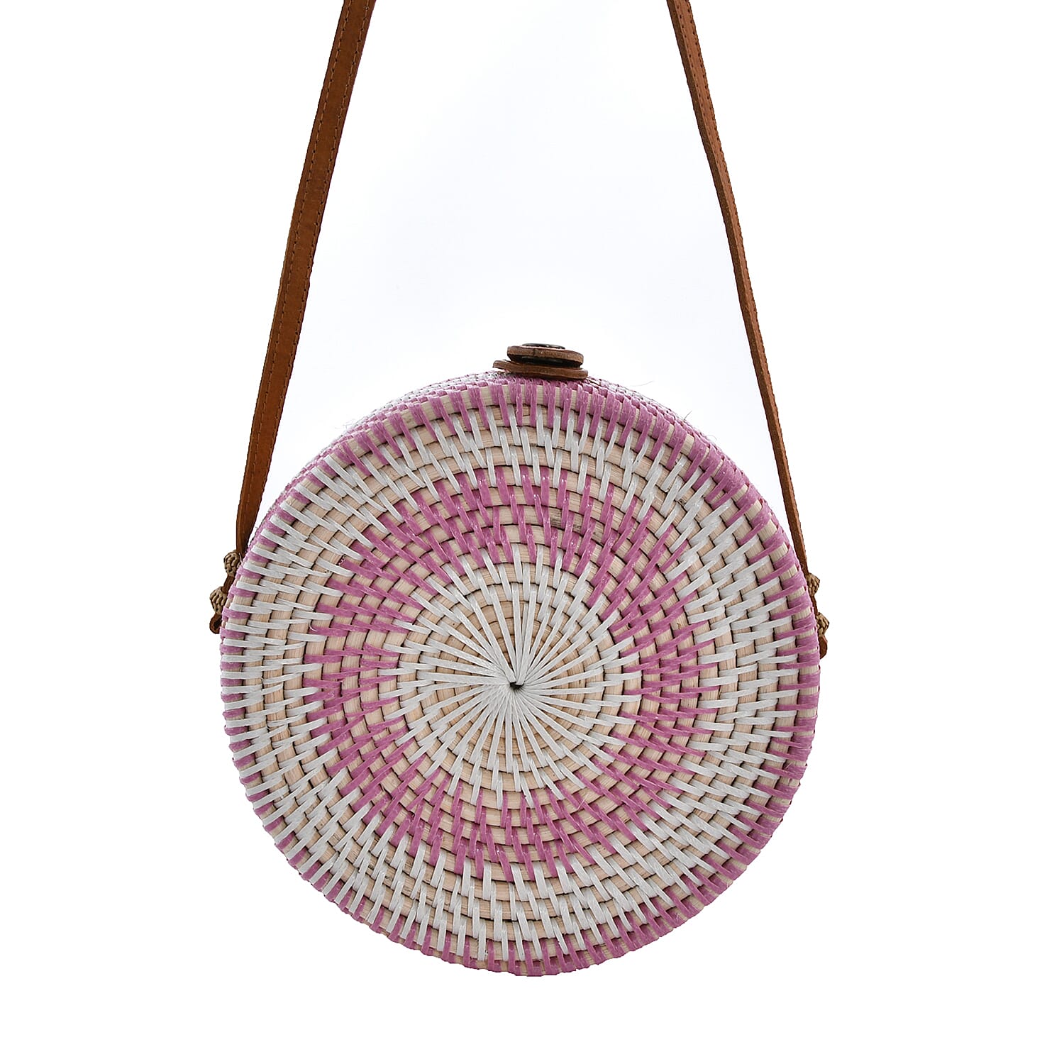 Bali Collection - Handcrafted Rattan Shoulder Bag with Strap (Size:20x20x7Cm) - Pink, White and Beige