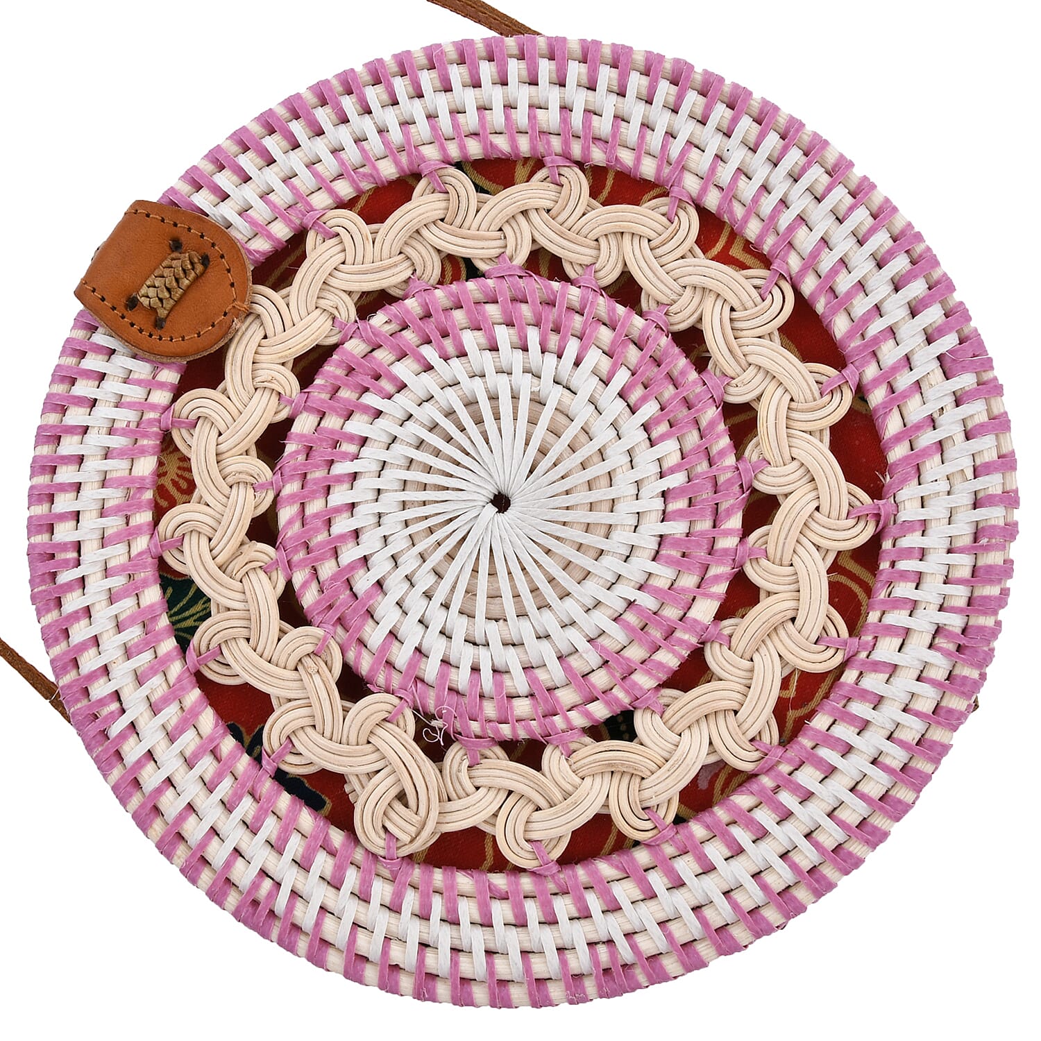 Bali Collection - Handcrafted Rattan Shoulder Bag with Strap (Size:20x20x7Cm) - Pink, White and Beige