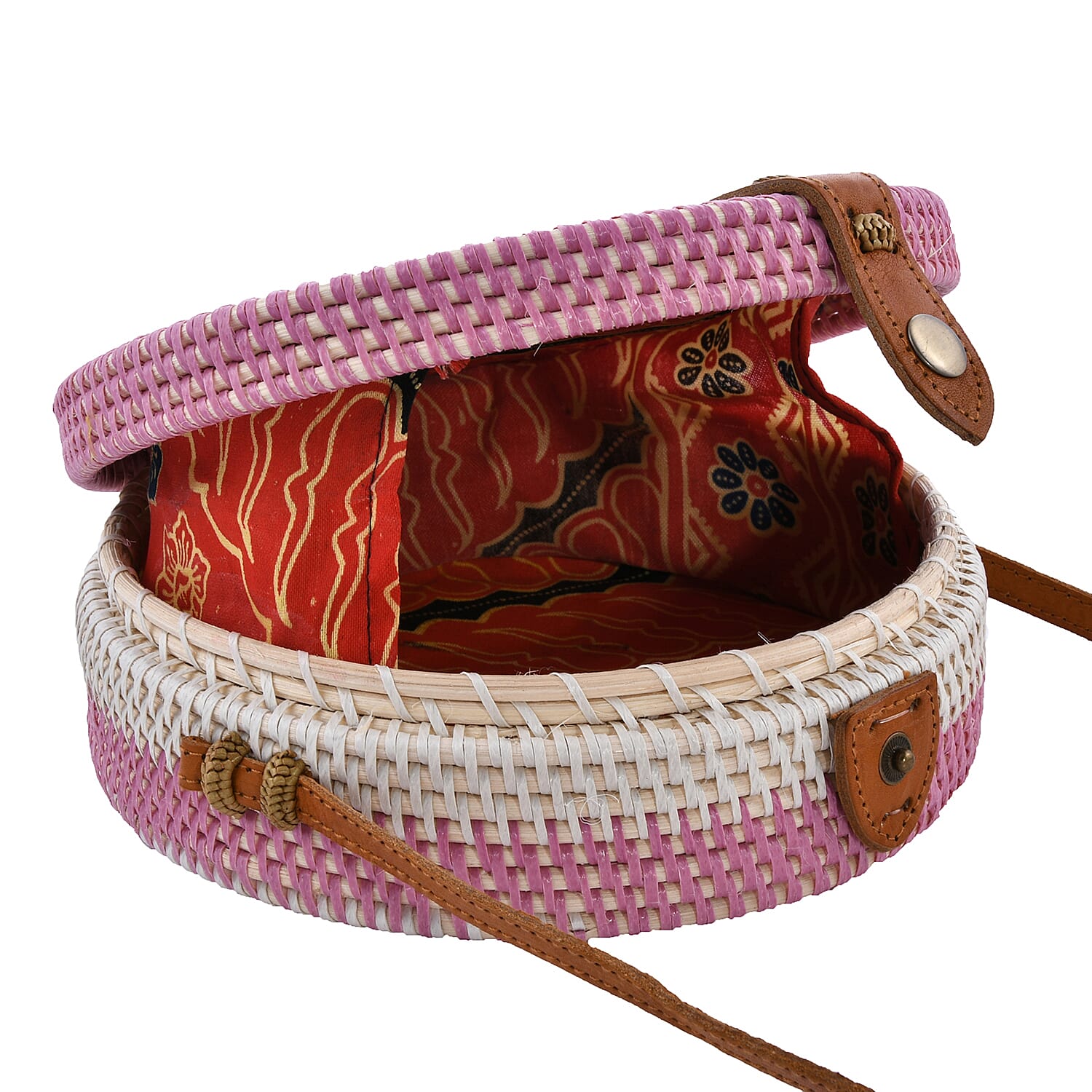 Bali Collection - Handcrafted Rattan Shoulder Bag with Strap (Size:20x20x7Cm) - Pink, White and Beige