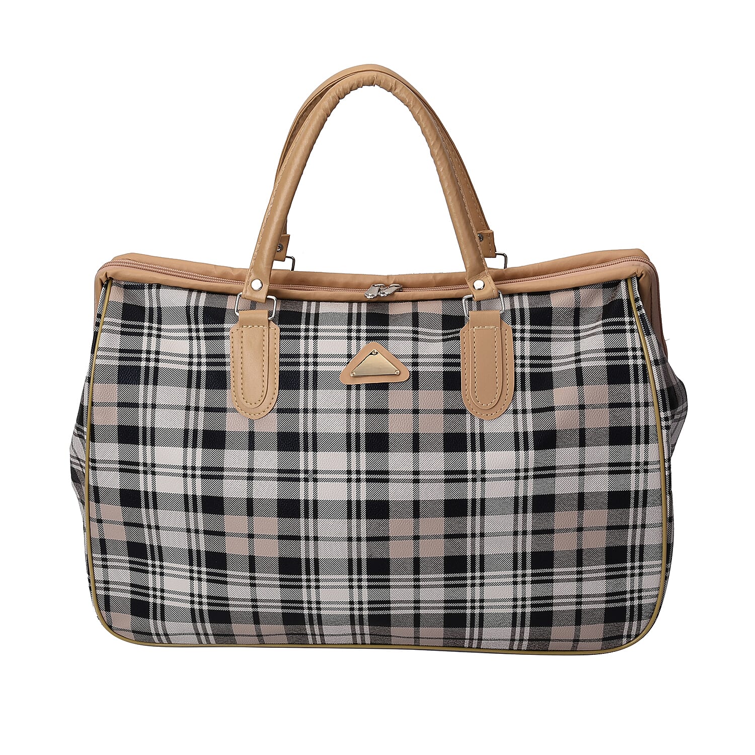 Plaid Pattern Travel Bag with Shoulder Strap and Zipper Closure - Black and White