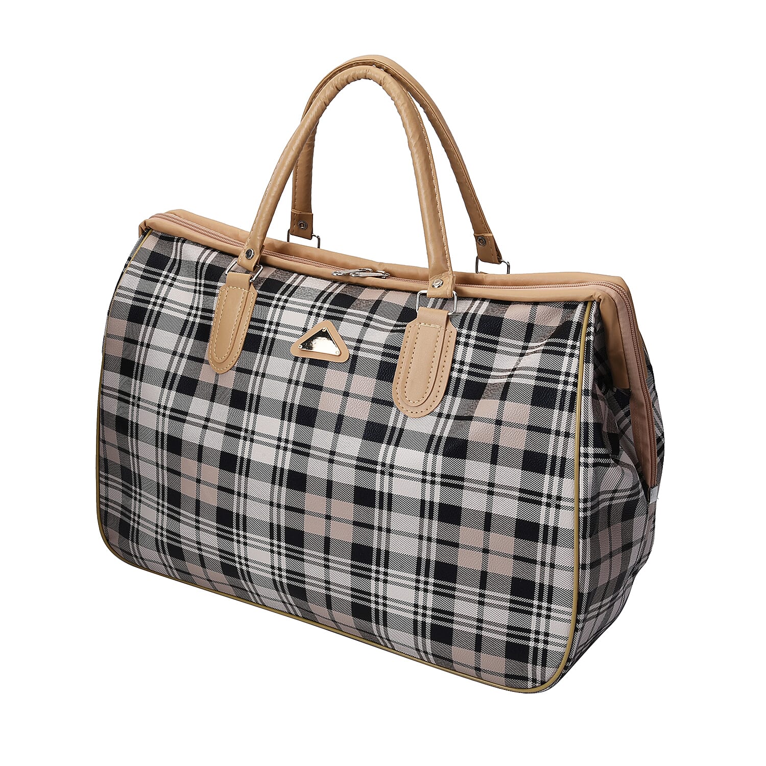 Plaid Pattern Travel Bag with Shoulder Strap and Zipper Closure - Black and White