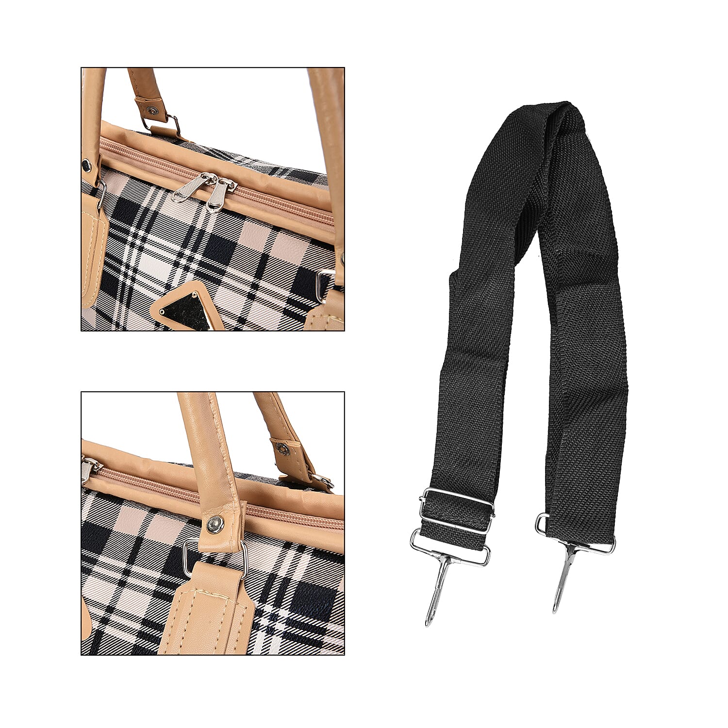 Plaid Pattern Travel Bag with Shoulder Strap and Zipper Closure - Black and White
