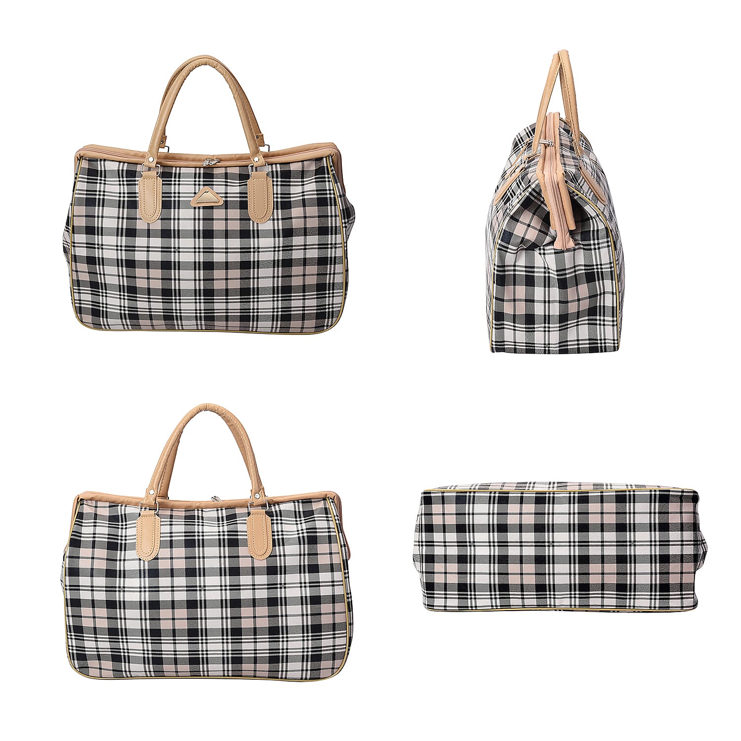 Plaid Pattern Travel Bag with Shoulder Strap and Zipper Closure - Black and White
