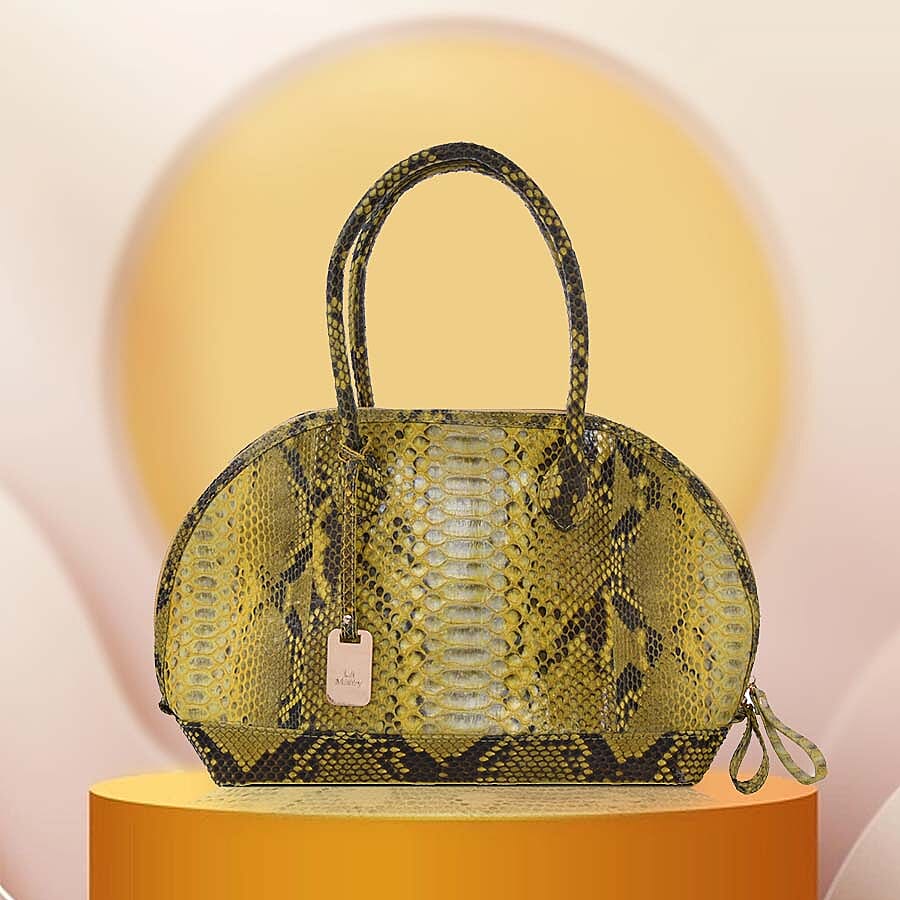 LA MAREY 100% Genuine Python Leather Snake Print Tote Bag with Zipper Closure (Size 31x25x14 cm) - Yellow