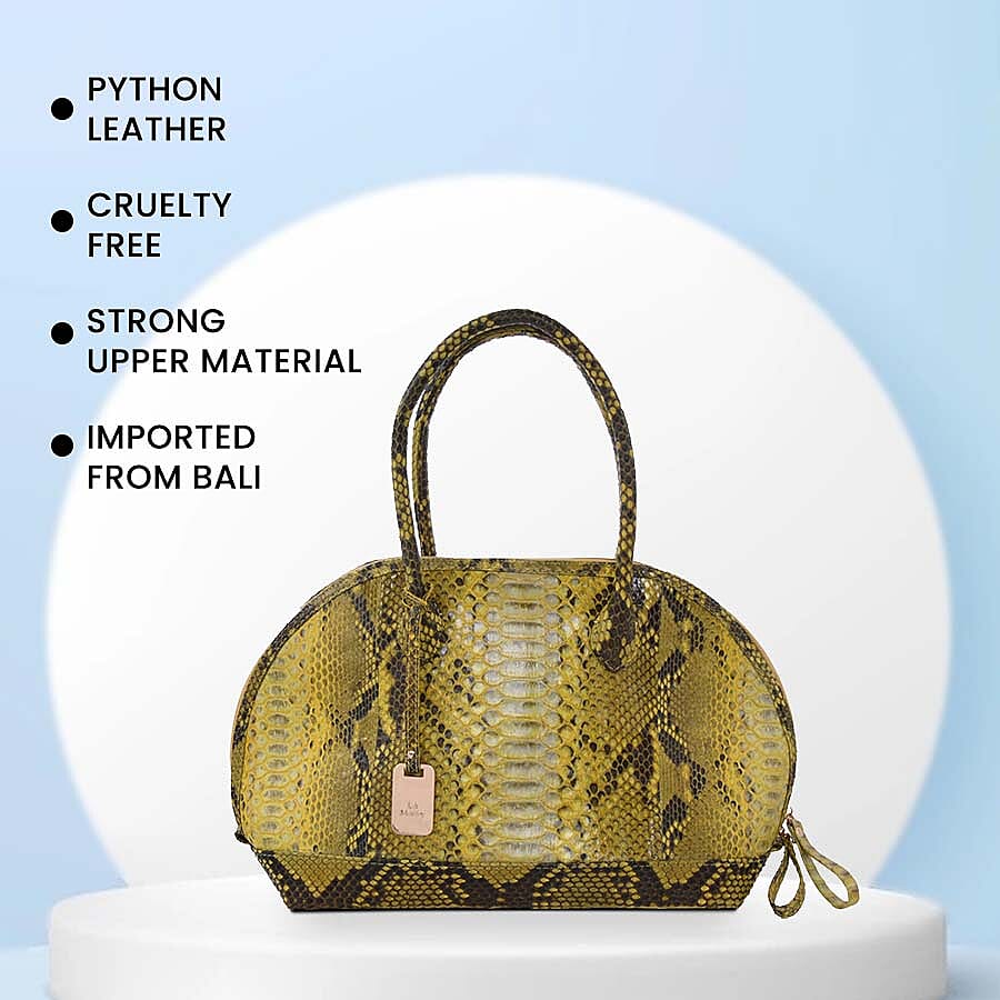 LA MAREY 100% Genuine Python Leather Snake Print Tote Bag with Zipper Closure (Size 31x25x14 cm) - Yellow