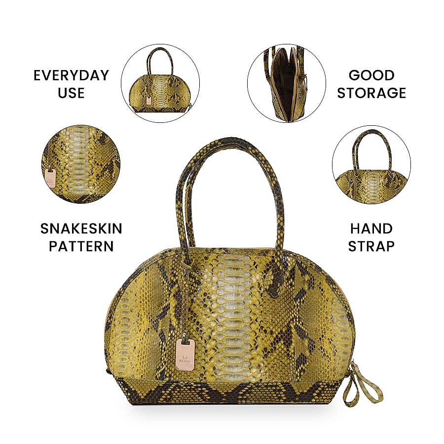 LA MAREY 100% Genuine Python Leather Snake Skin Pattern Tote Bag with Zipper Closure - Yellow
