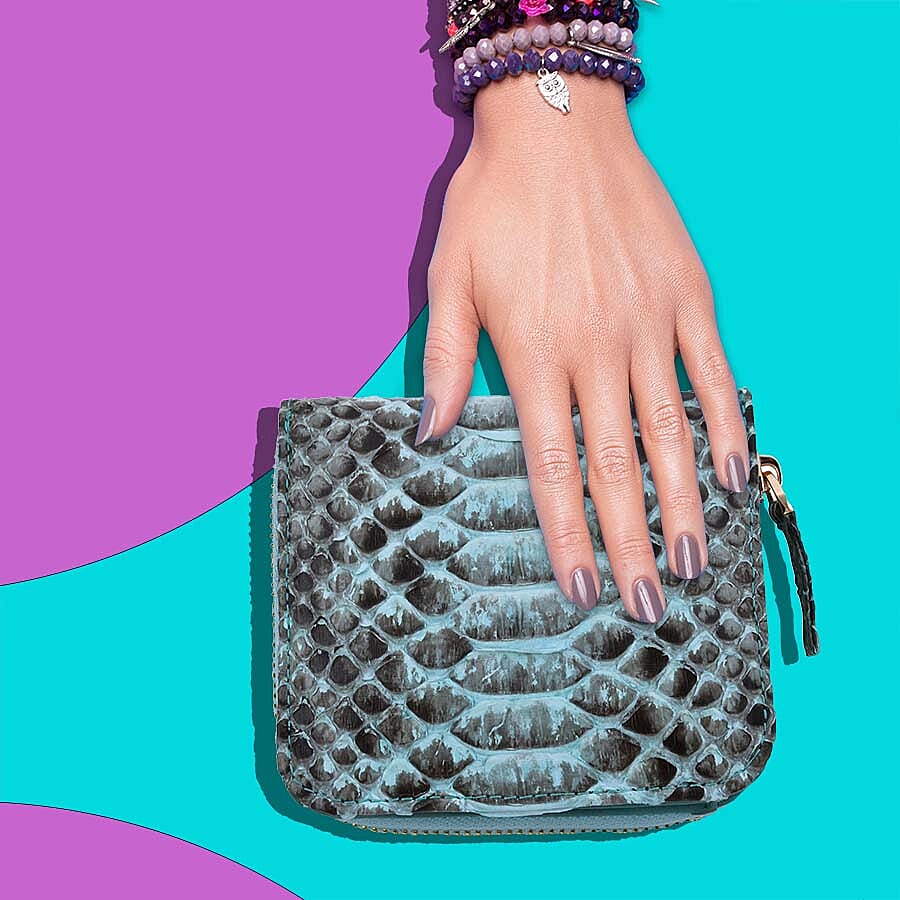 LA MAREY 100% Genuine Python Leather Wallet with Zipper Closure (Size 11x10x2cm) - Blue