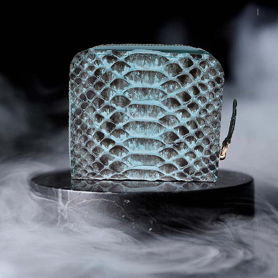 LA MAREY 100% Genuine Python Leather Wallet with Zipper Closure (Size 11x10x2cm) - Blue