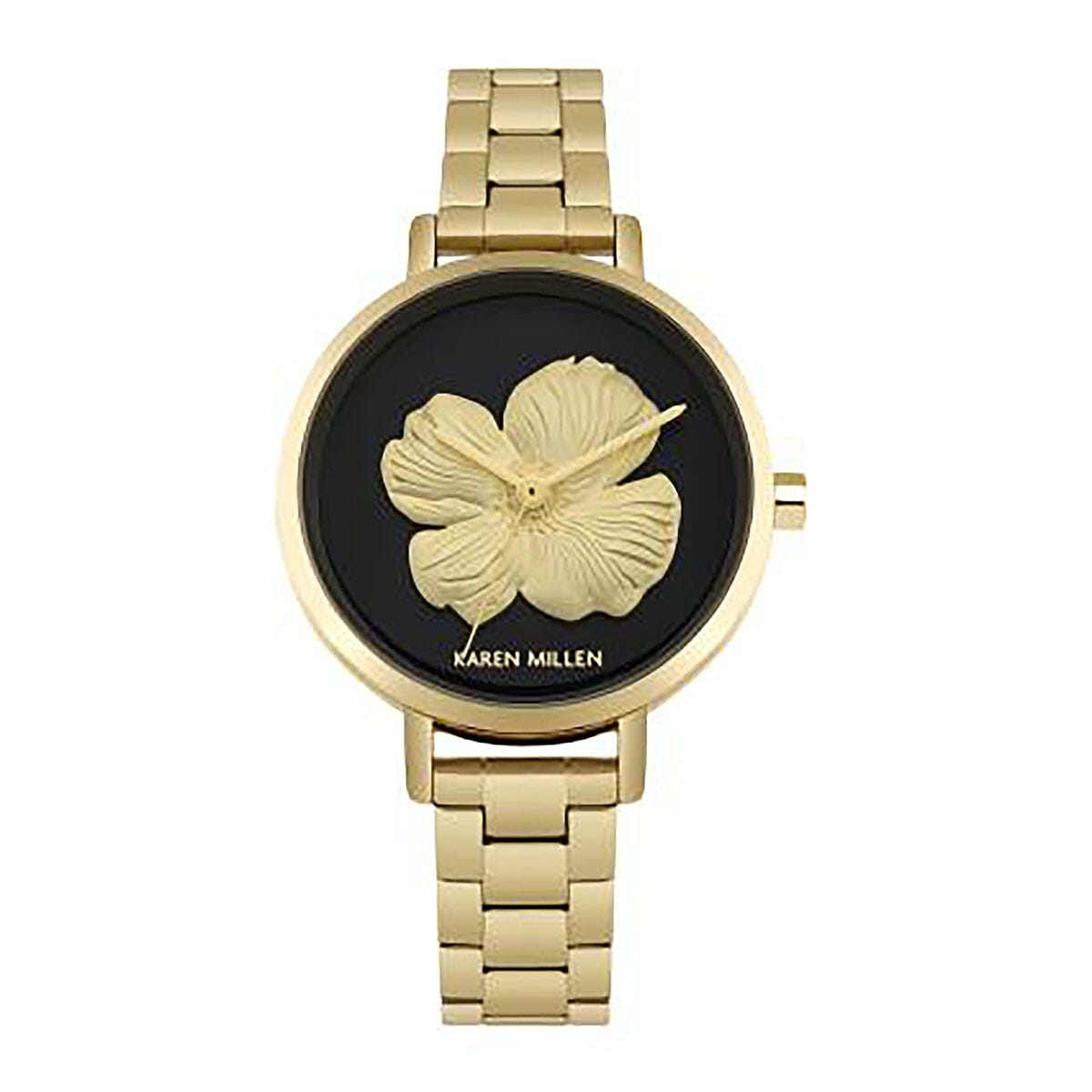 Karen Millen Bracelet Watch with 3D Gold Tone Flower on Black Dial