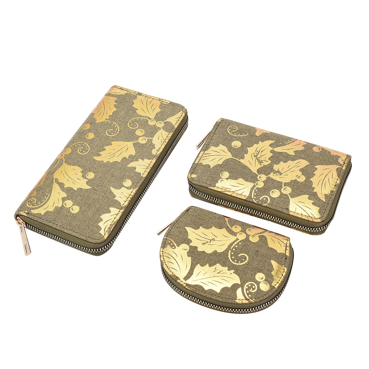 Set of 3 - Golden Leaves Pattern Jute Wallet with Zipper Closure (Size 19x10x2Cm, 14x9x2Cm, 12x9x2Cm) - Light Green - RFID Protected