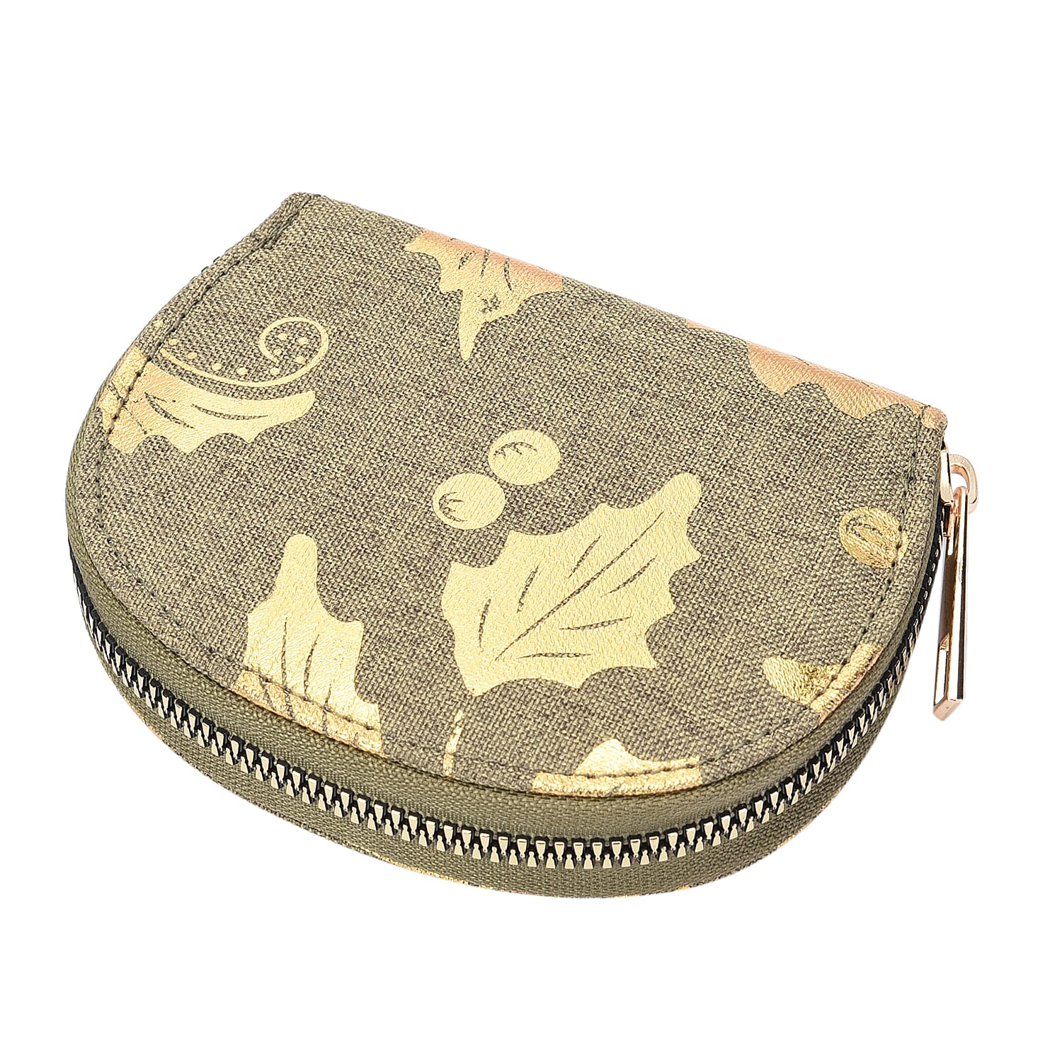 Set of 3 - Golden Leaves Pattern Jute Wallet with Zipper Closure (Size 19x10x2Cm, 14x9x2Cm, 12x9x2Cm) - Light Green - RFID Protected