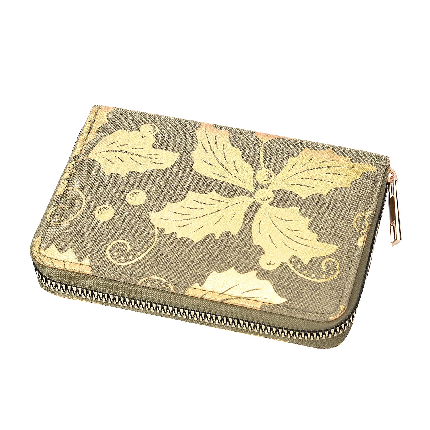 Set of 3 - Golden Leaves Pattern Jute Wallet with Zipper Closure (Size 19x10x2Cm, 14x9x2Cm, 12x9x2Cm) - Light Green - RFID Protected