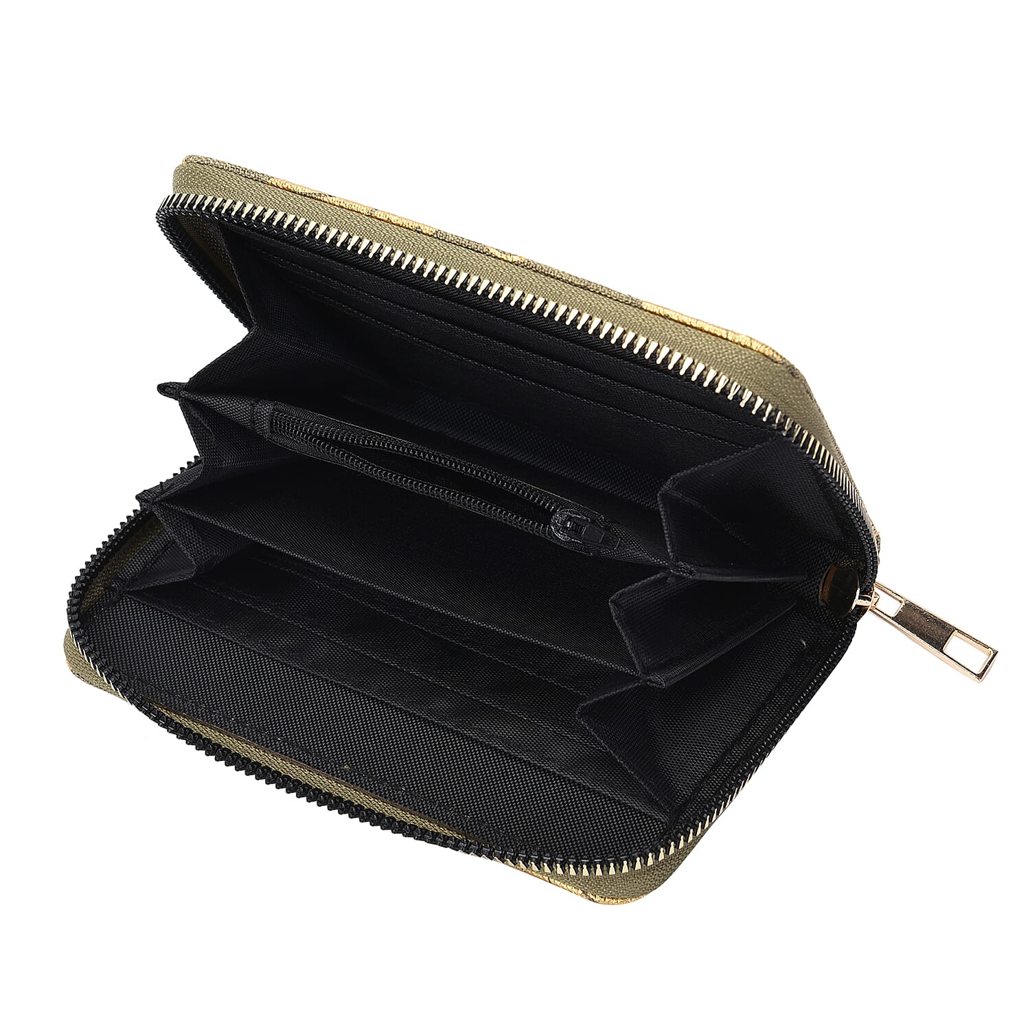 Set of 3 - Golden Leaves Pattern Jute Wallet with Zipper Closure (Size 19x10x2Cm, 14x9x2Cm, 12x9x2Cm) - Light Green - RFID Protected