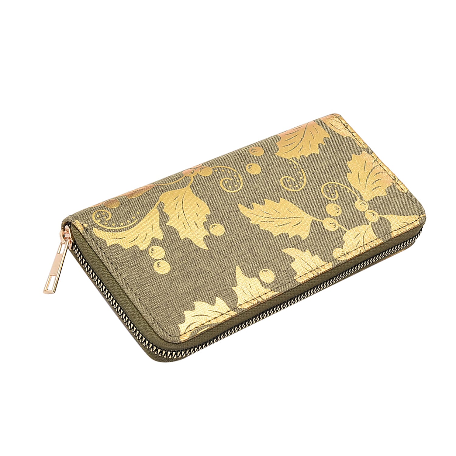 Set of 3 - Golden Leaves Pattern Jute Wallet with Zipper Closure (Size 19x10x2Cm, 14x9x2Cm, 12x9x2Cm) - Light Green - RFID Protected