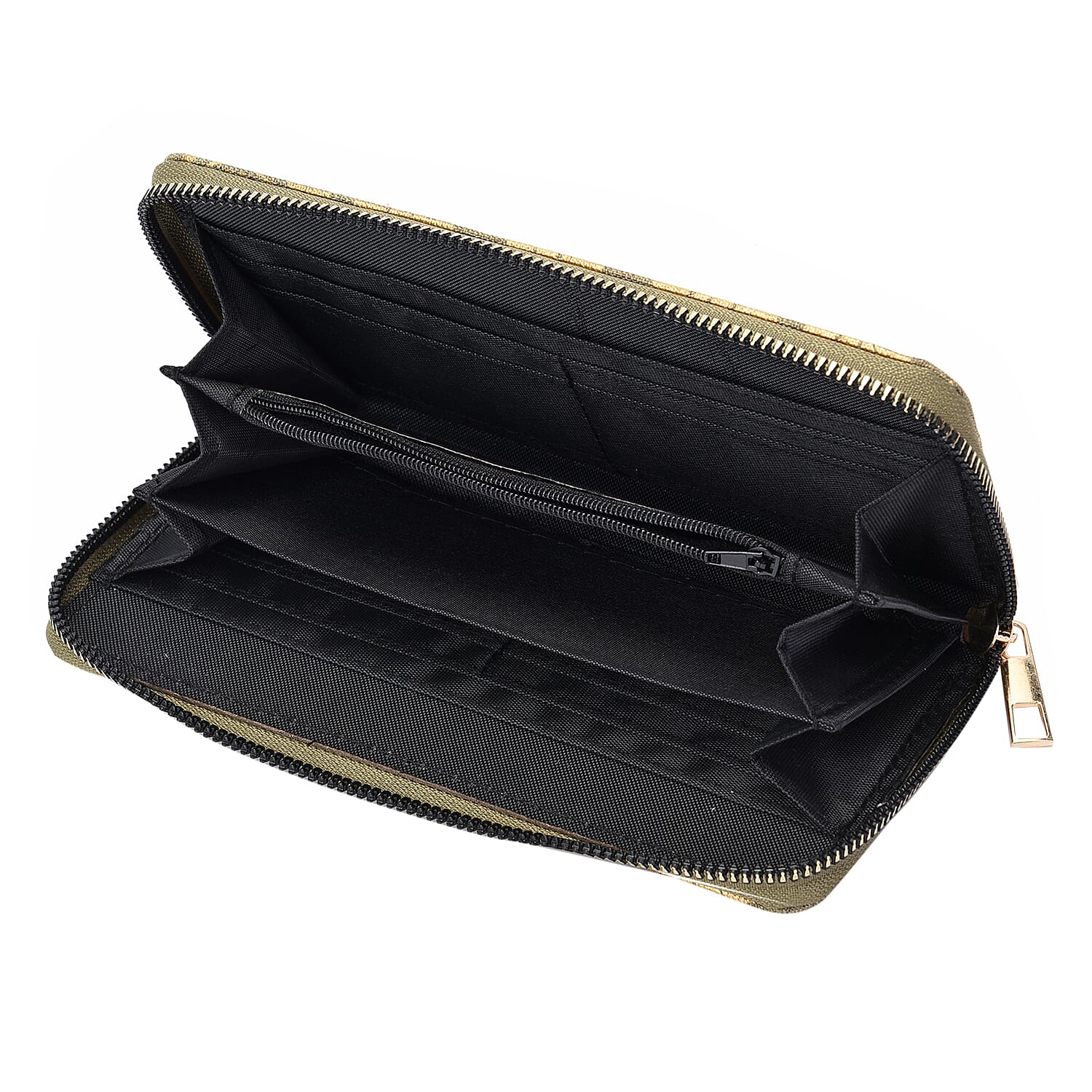 Set of 3 - Golden Leaves Pattern Jute Wallet with Zipper Closure (Size 19x10x2Cm, 14x9x2Cm, 12x9x2Cm) - Light Green - RFID Protected