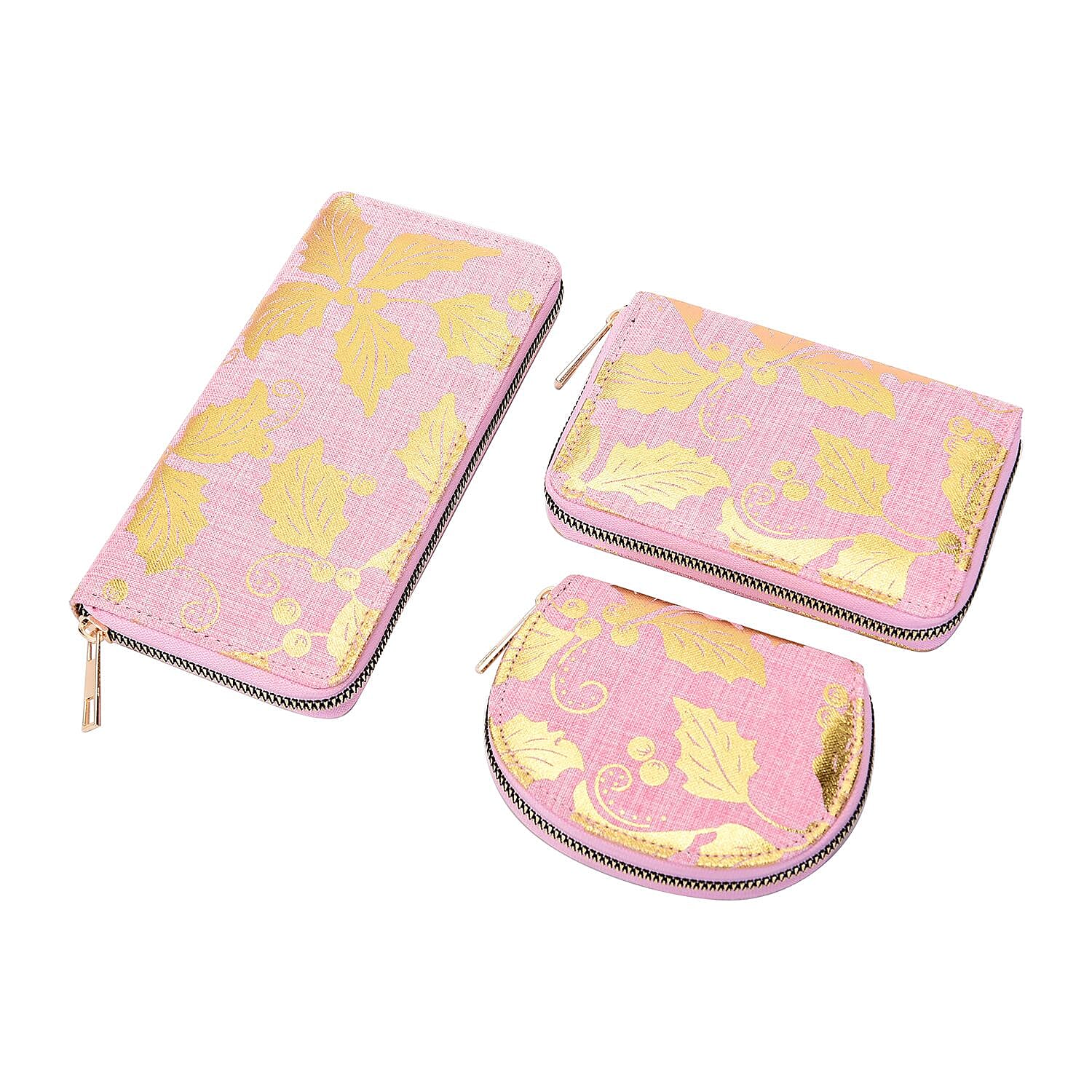 Set of 3 - Golden Holly Leaves Pattern RFID Protected Jute Wallet with Zipper Closure (Size 19x10x2Cm, 14x9x2Cm, 12x9x2Cm) - Light Pink