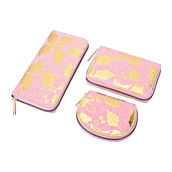 Set of 3 -  Golden Leaves Pattern Jute Wallet with Zipper Closure (Size:19.5x3x9.5Cm) - Light Yellow - RFID Protected