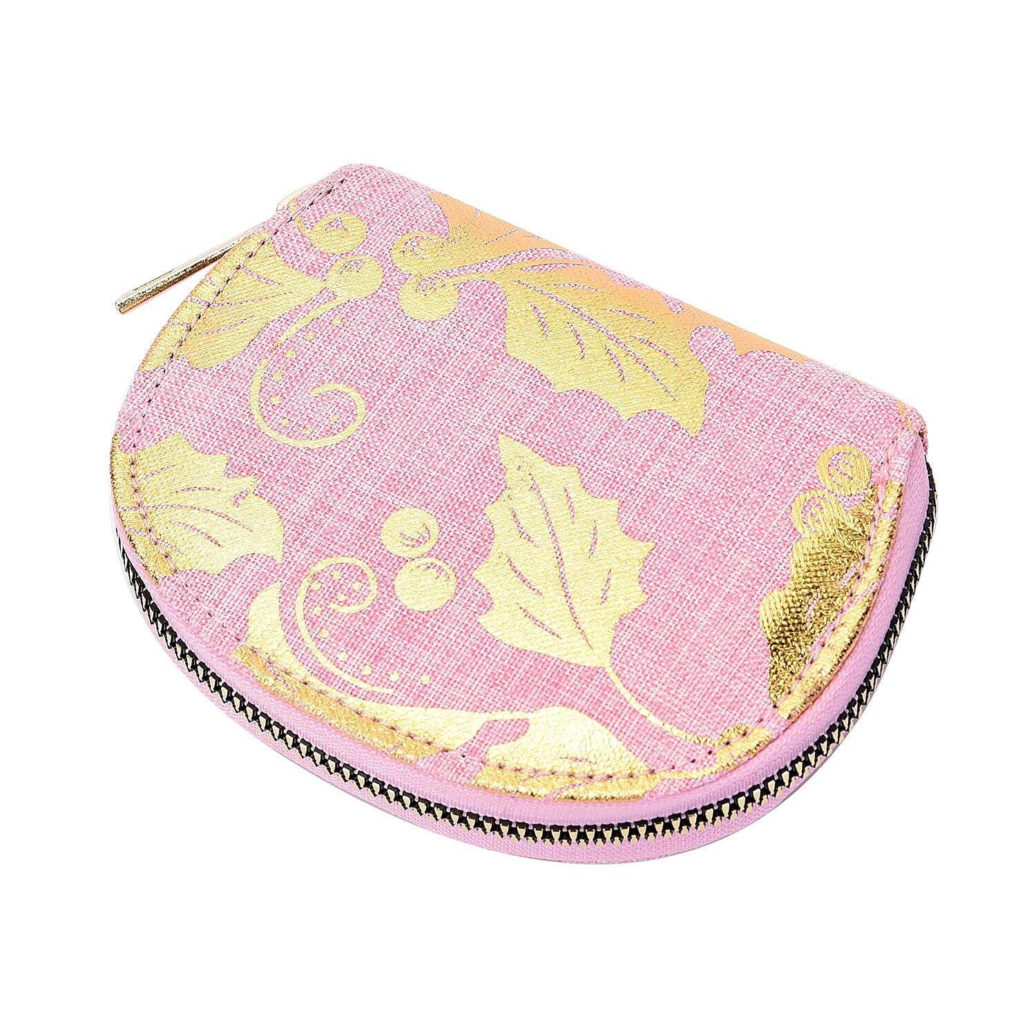 Set of 3 - Golden Holly Leaves Pattern RFID Protected Jute Wallet with Zipper Closure (Size 19x10x2Cm, 14x9x2Cm, 12x9x2Cm) - Light Pink