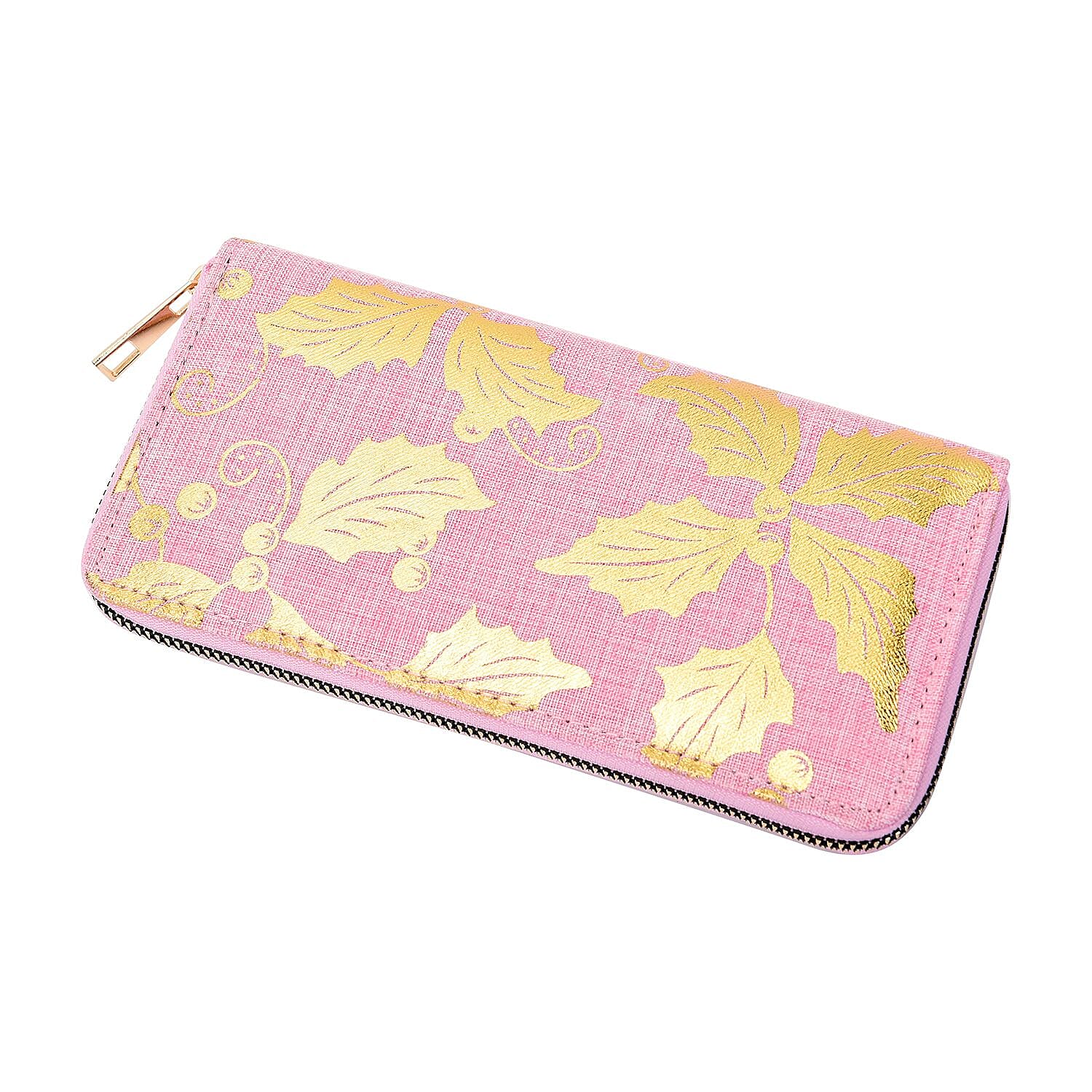 Set of 3 - Golden Holly Leaves Pattern RFID Protected Jute Wallet with Zipper Closure (Size 19x10x2Cm, 14x9x2Cm, 12x9x2Cm) - Light Pink