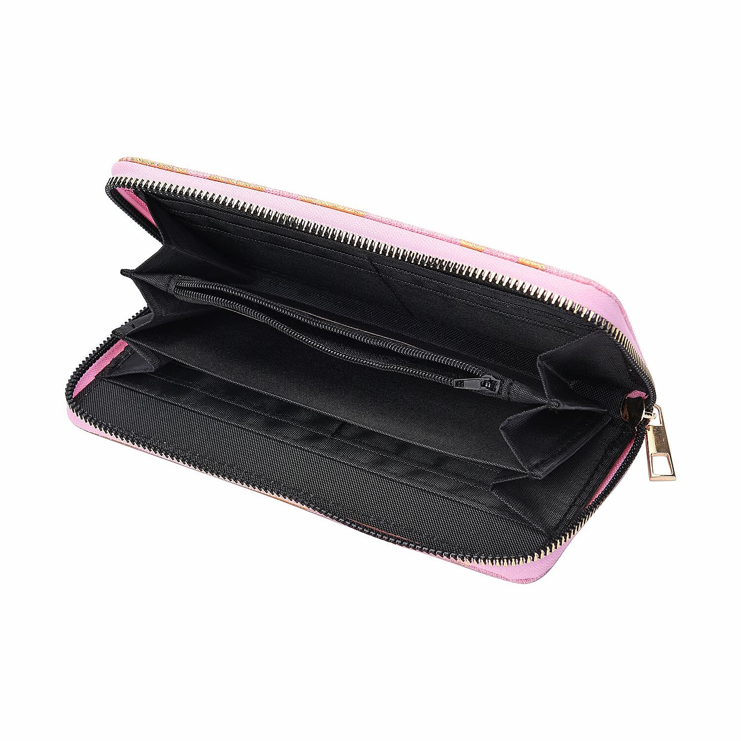 Set of 3 - Golden Holly Leaves Pattern RFID Protected Jute Wallet with Zipper Closure (Size 19x10x2Cm, 14x9x2Cm, 12x9x2Cm) - Light Pink