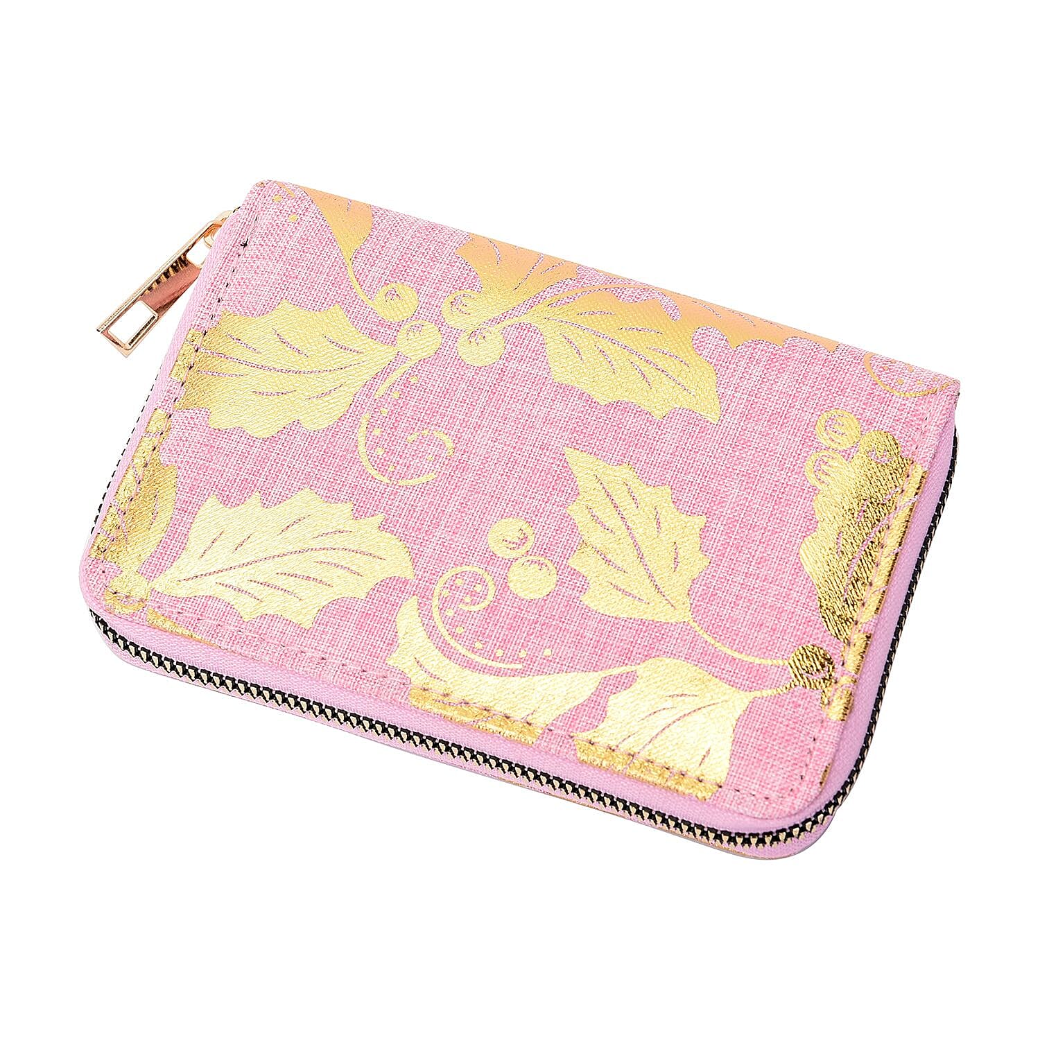 Set of 3 - Golden Holly Leaves Pattern RFID Protected Jute Wallet with Zipper Closure (Size 19x10x2Cm, 14x9x2Cm, 12x9x2Cm) - Light Pink