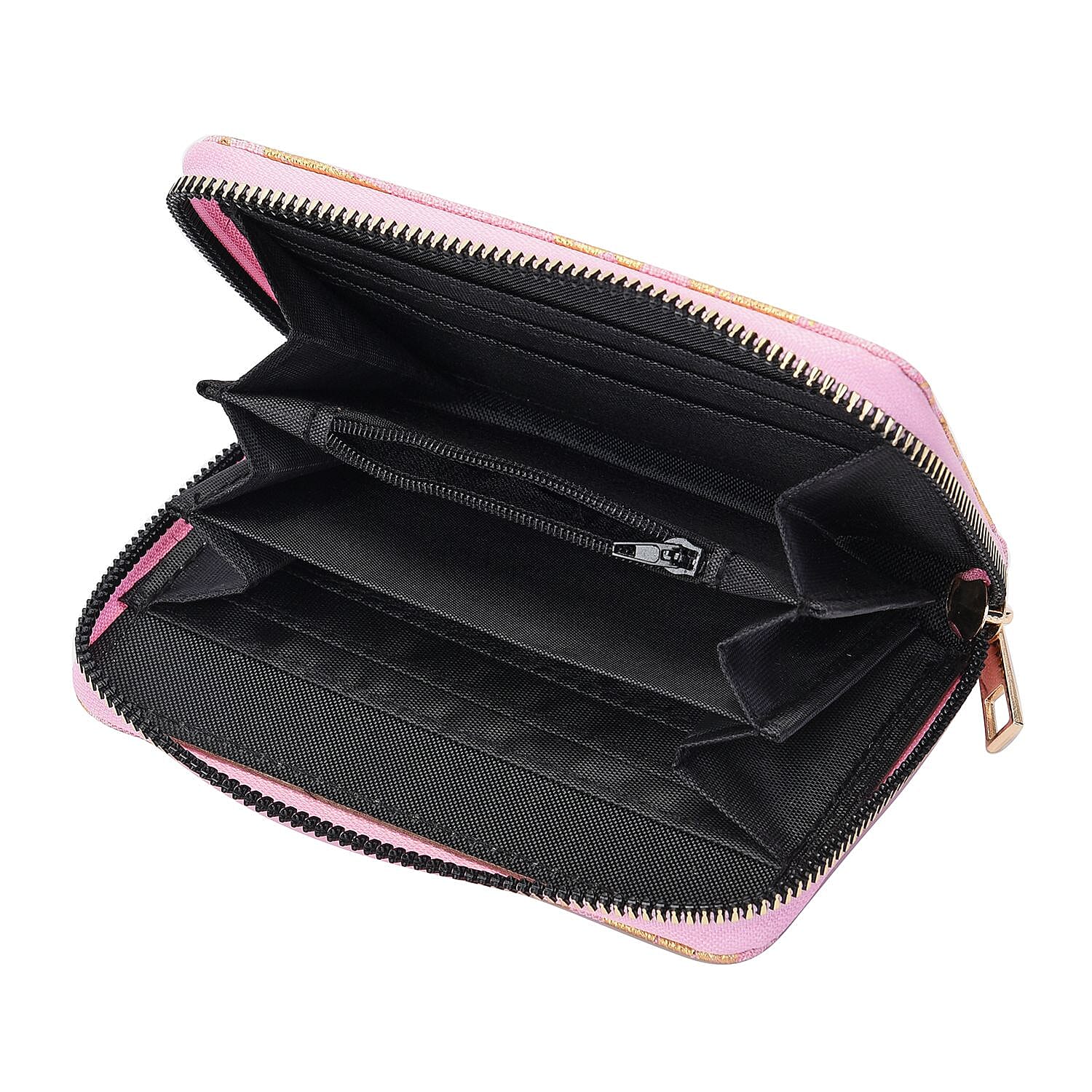 Set of 3 - Golden Holly Leaves Pattern RFID Protected Jute Wallet with Zipper Closure (Size 19x10x2Cm, 14x9x2Cm, 12x9x2Cm) - Light Pink