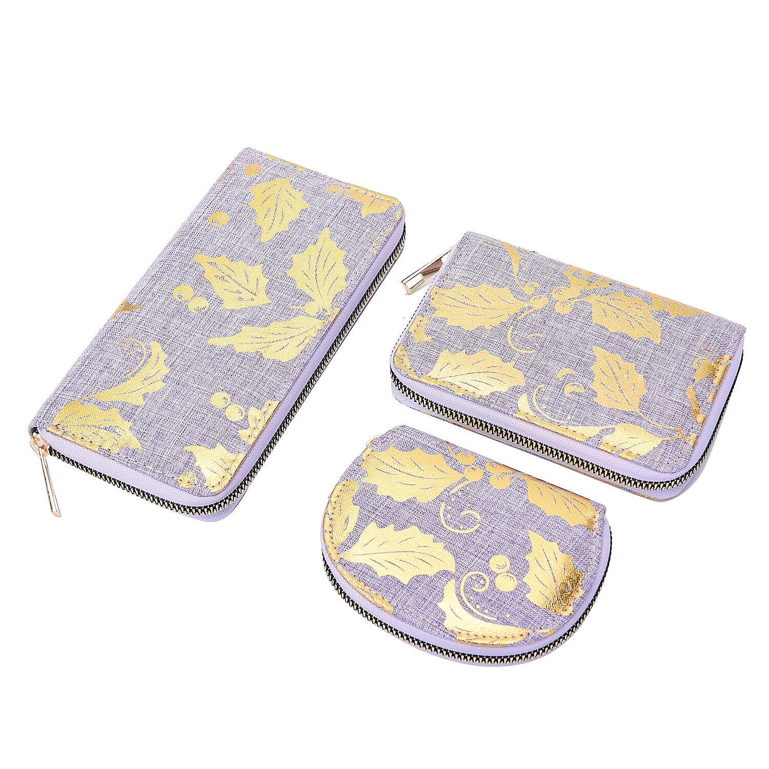 Set of 3 Golden Leaves Pattern Jute Rectangular Wallet with RFID Protection (Size 19x3 Cm) - Lilac
