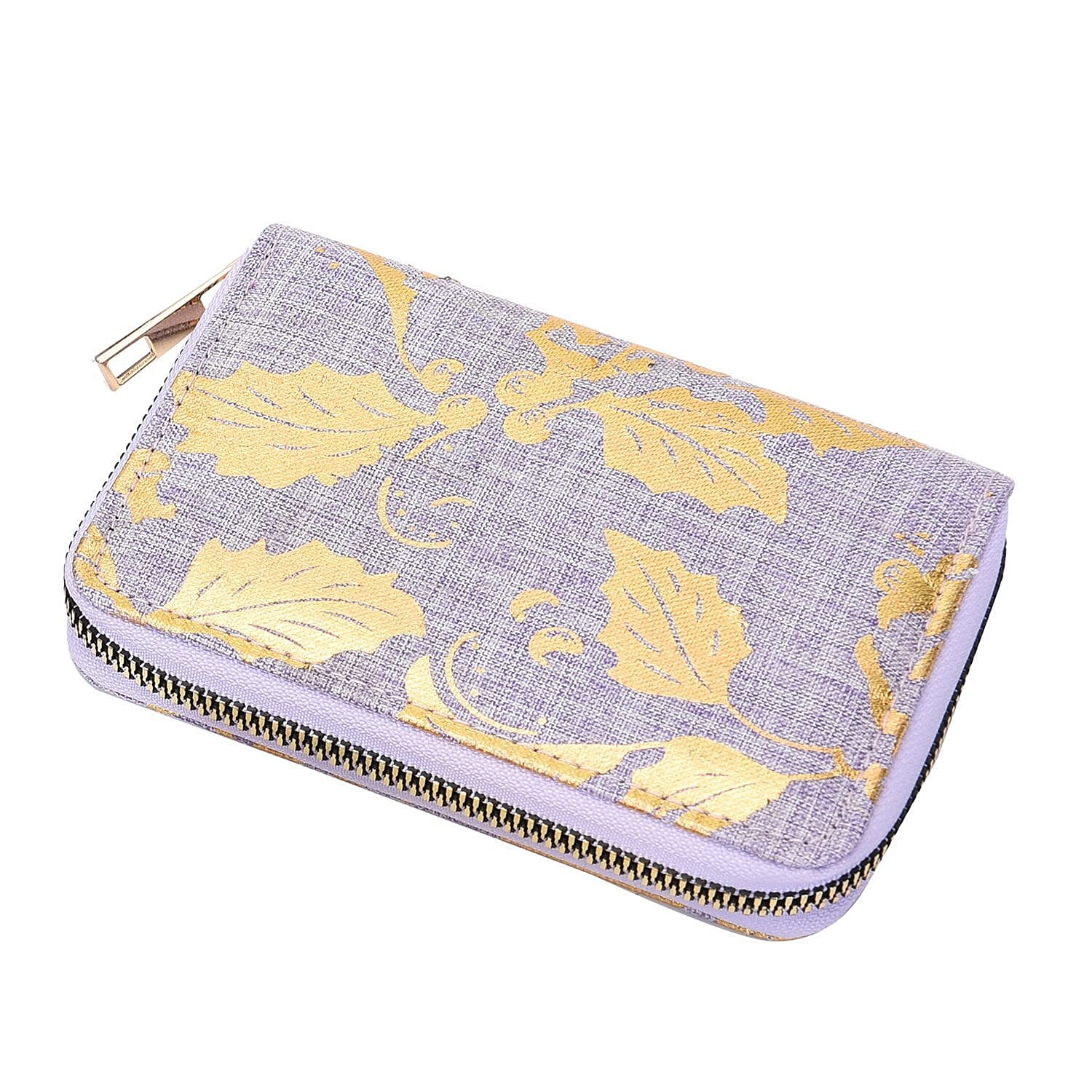 Set of 3 Golden Leaves Pattern Jute Rectangular Wallet with RFID Protection (Size 19x3 Cm) - Lilac