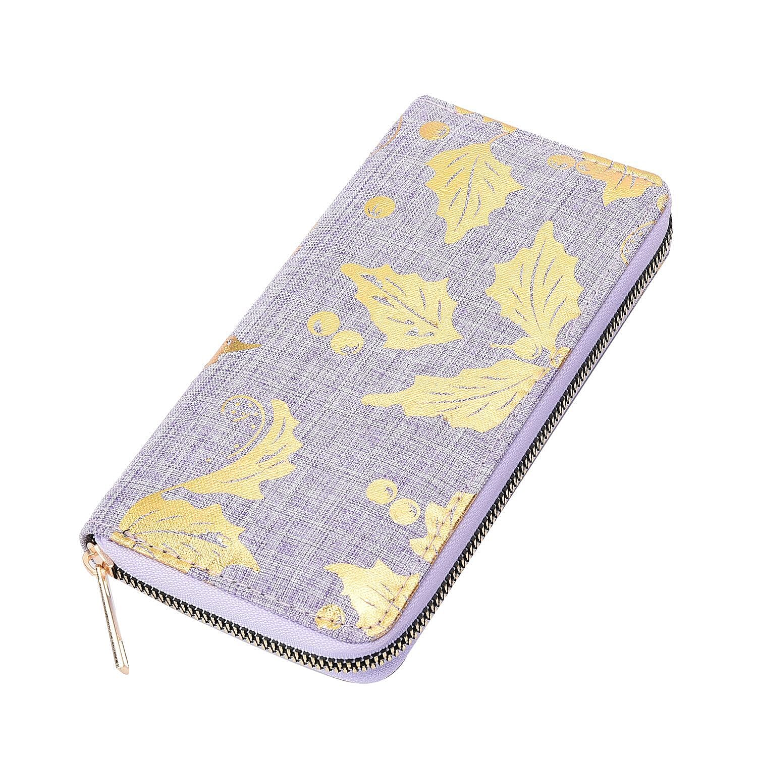 Set of 3 Golden Leaves Pattern Jute Rectangular Wallet with RFID Protection (Size 19x3 Cm) - Lilac