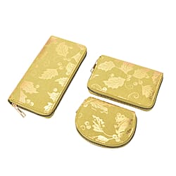 Set of 3 -  Golden Leaves Pattern Jute Wallet with Zipper Closure (Size:19.5x3x9.5Cm) - Light Yellow - RFID Protected