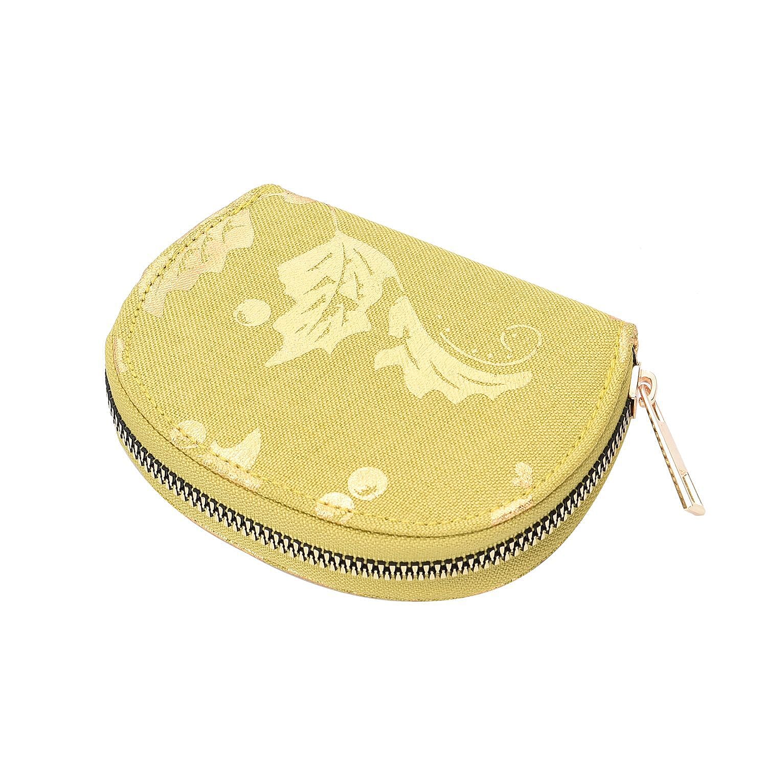 Set of 3 - Golden Holly Leaves Pattern RFID Protected Jute Wallet with Zipper Closure - Light Yellow