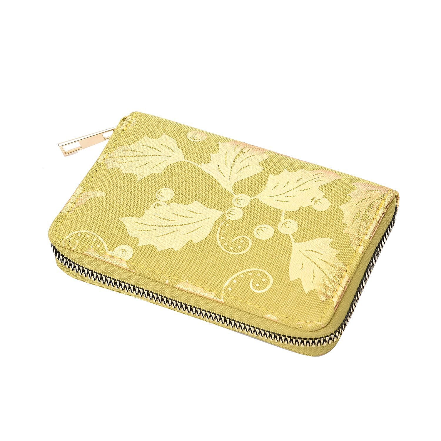 Set of 3 - Golden Holly Leaves Pattern RFID Protected Jute Wallet with Zipper Closure - Light Yellow