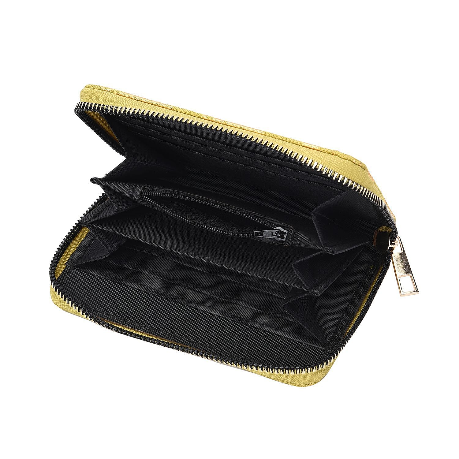 Set of 3 - Golden Holly Leaves Pattern RFID Protected Jute Wallet with Zipper Closure - Light Yellow