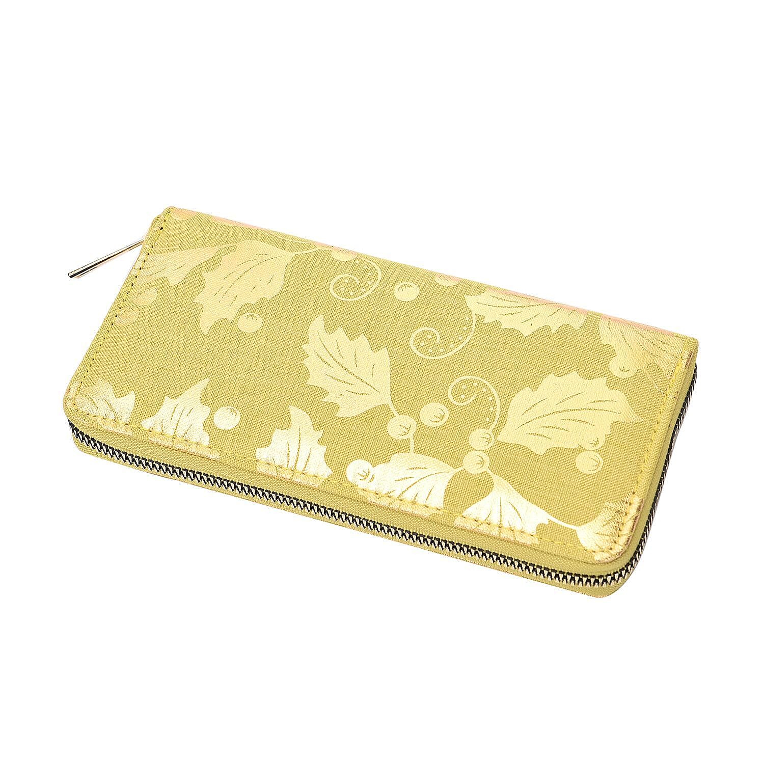 Set of 3 - Golden Holly Leaves Pattern RFID Protected Jute Wallet with Zipper Closure - Light Yellow