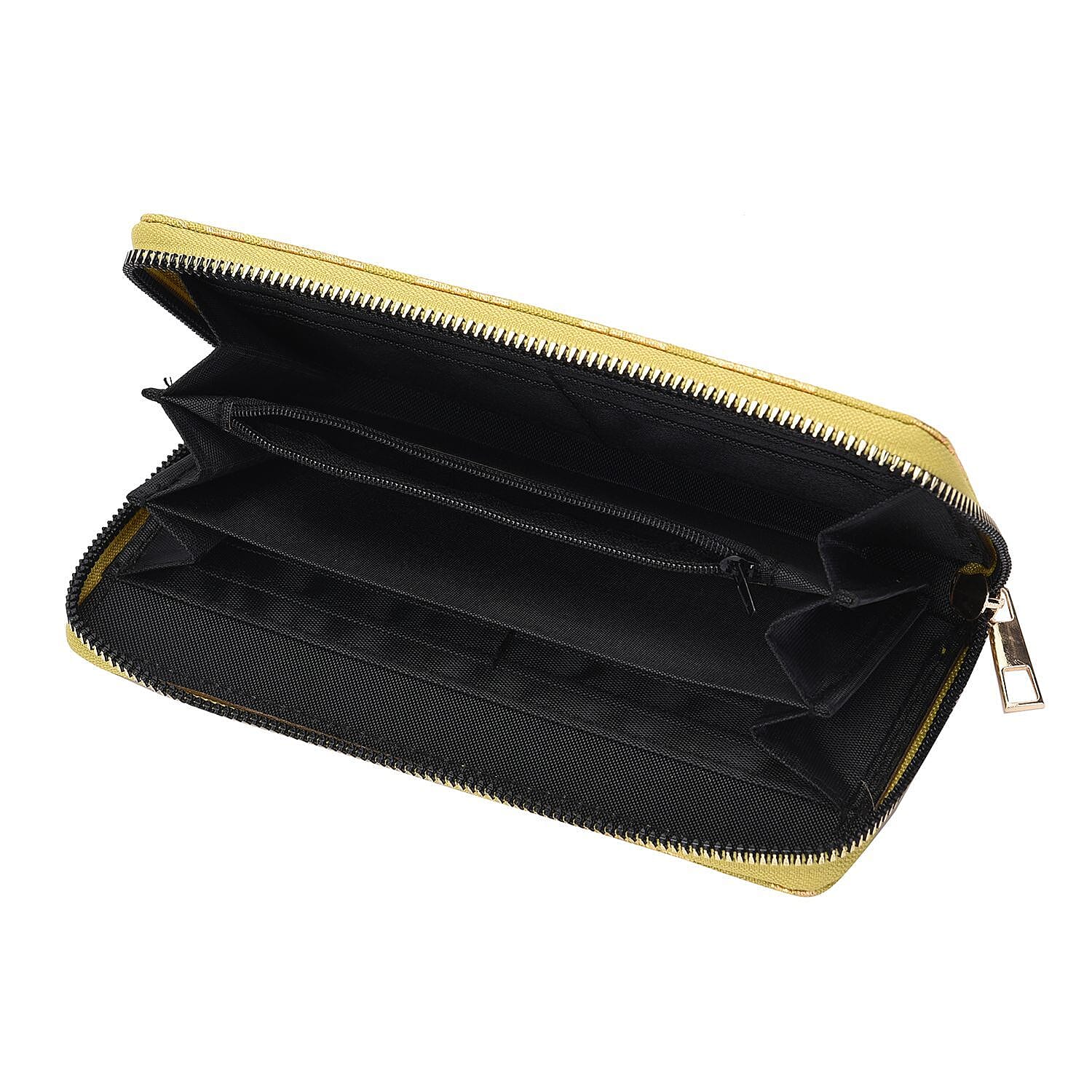 Set of 3 - Golden Holly Leaves Pattern RFID Protected Jute Wallet with Zipper Closure - Light Yellow