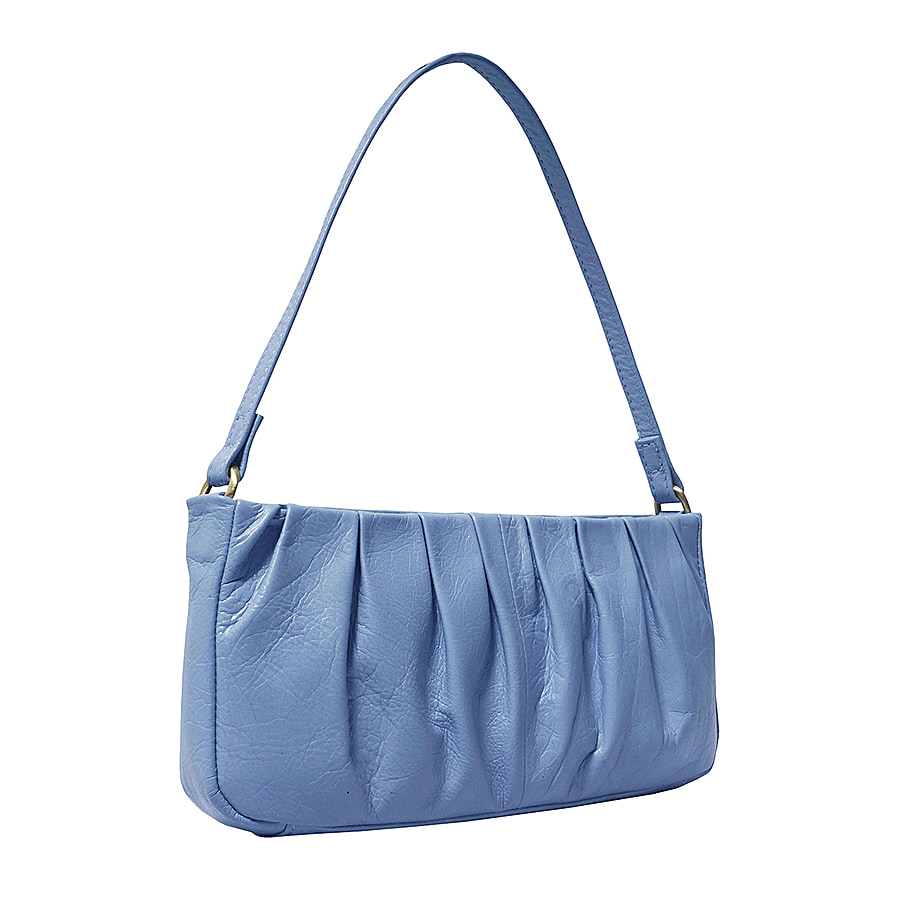 ASSOTS LONDON Ivy Genuine Leather Pleated Shoulder Bag (Size 28x14x5cm) - Pale Blue