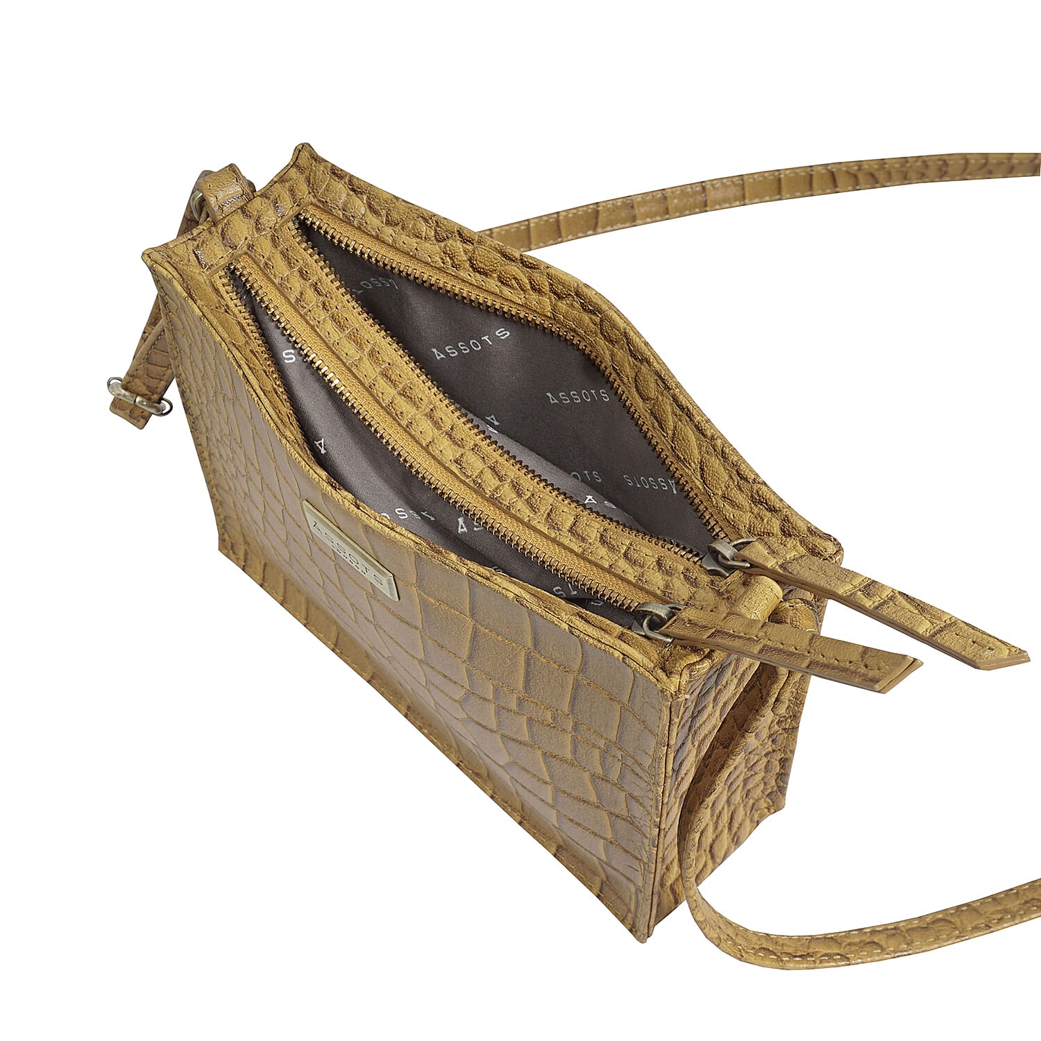 ASSOTS LONDON Susan Rectangle Croc Crossbody Bag with Adjustable Strap (Size 20x15x6cm) - Mustard