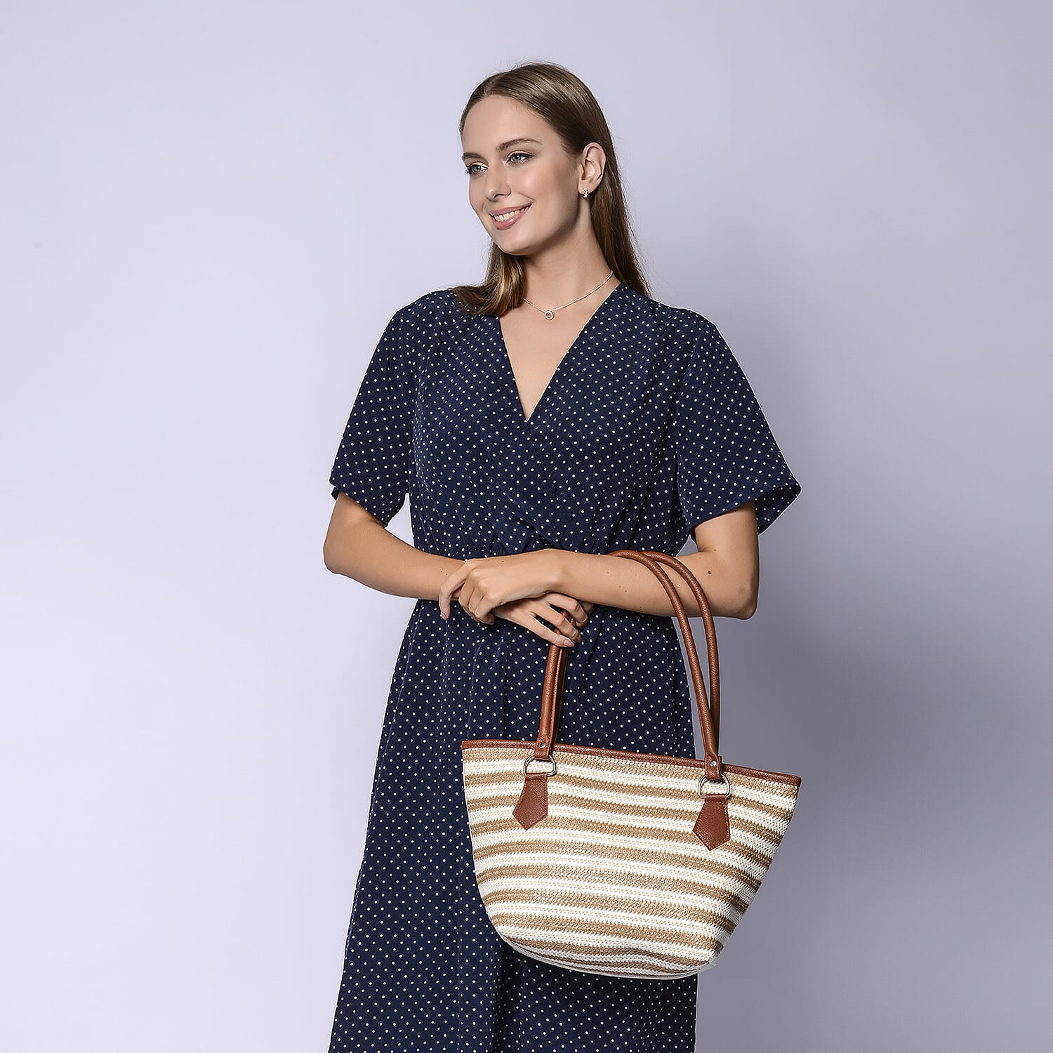 Light Brown and Cream Vertical Stripe Pattern Tote Bag (Size 42x16x25cm)